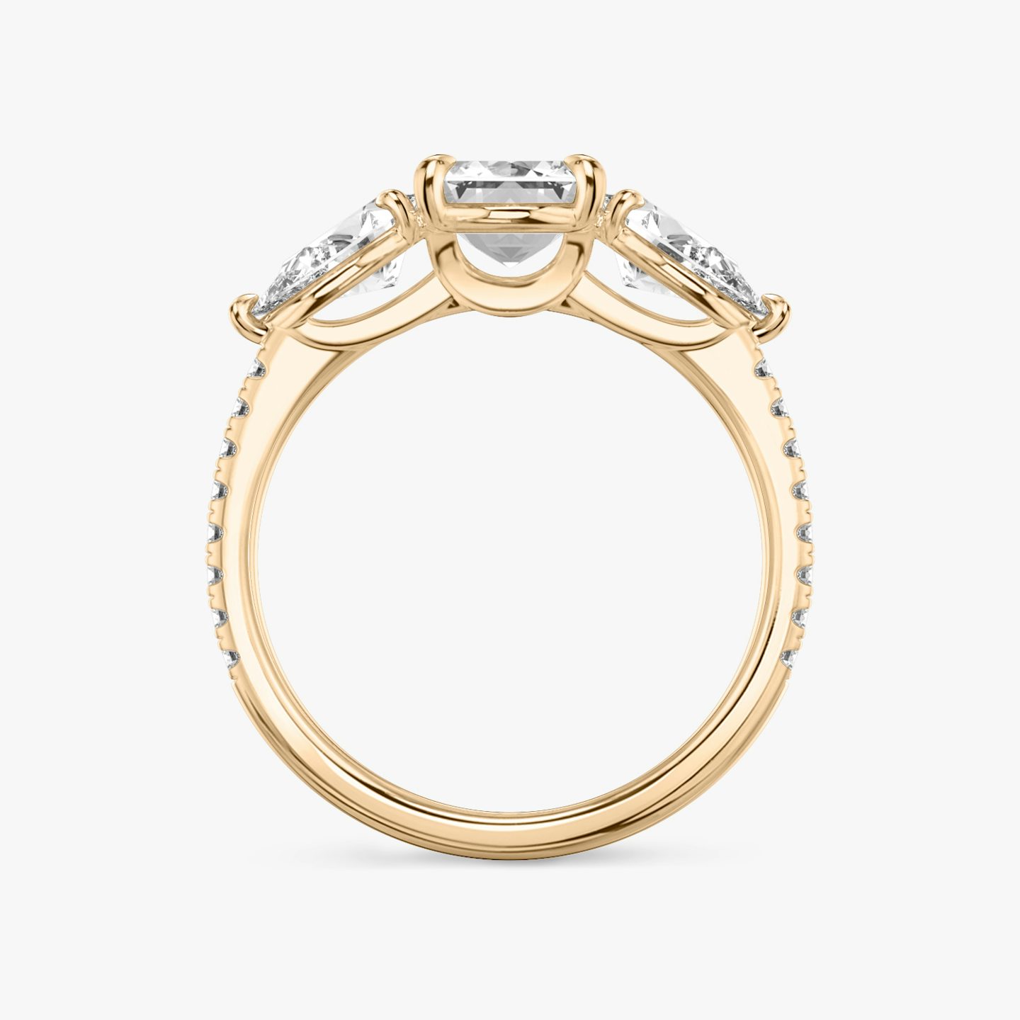 The Three Stone | Emerald | 14k | Rose Gold | bandAccent: Pavé | sideStoneCarat: 0.50ct | sideStoneShape: Pear | diamondOrientation: vertical | caratWeight: other