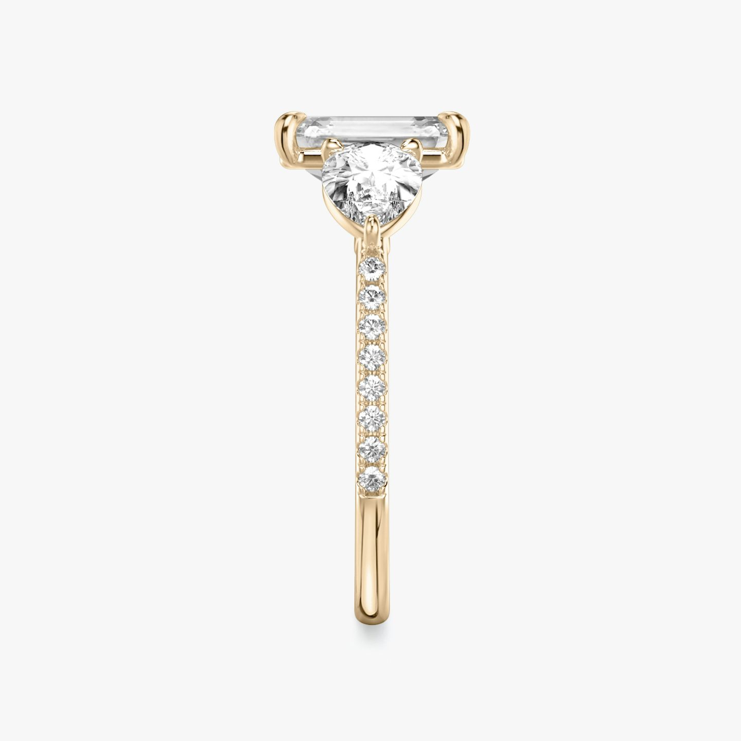 The Three Stone | Emerald | 14k | Rose Gold | bandAccent: Pavé | sideStoneCarat: 0.50ct | sideStoneShape: Pear | diamondOrientation: vertical | caratWeight: other
