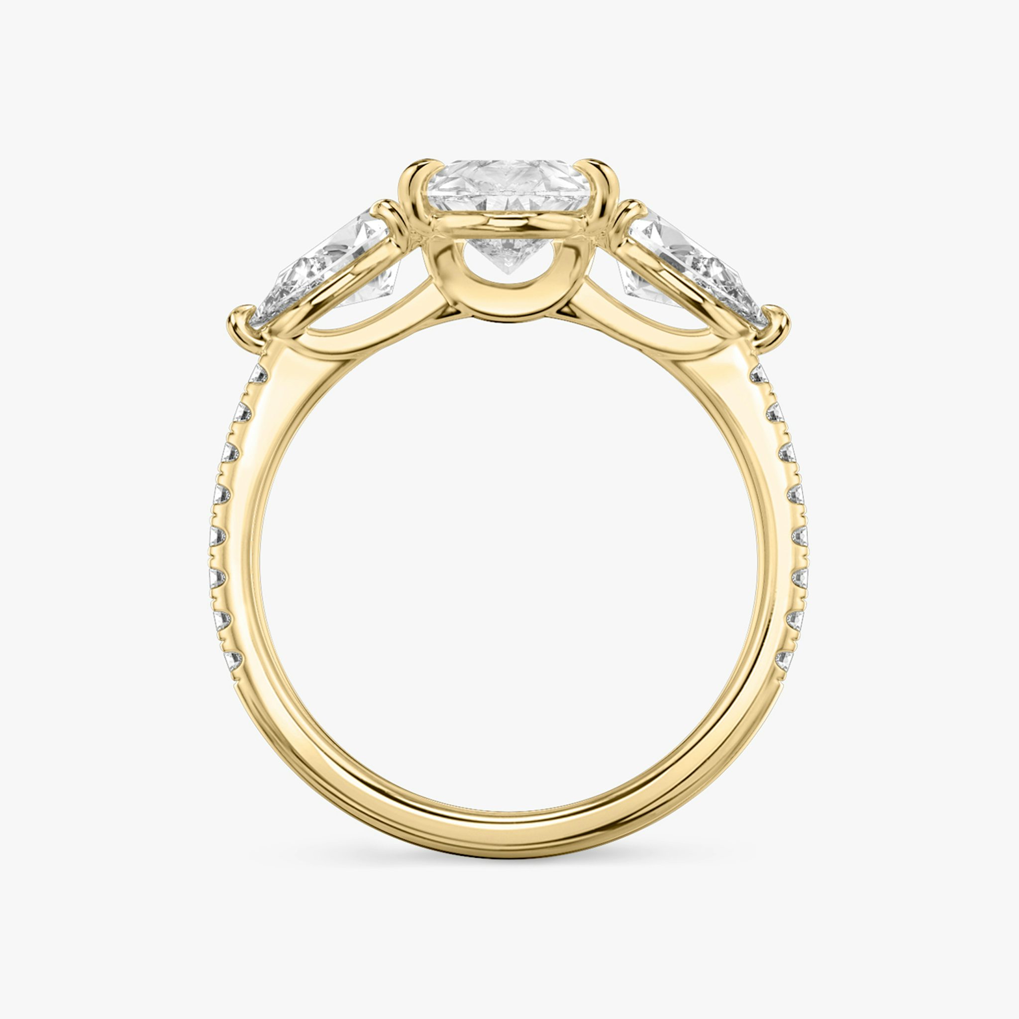 The Three Stone | Pear | 18k | Yellow Gold | bandAccent: Pavé | sideStoneCarat: 0.50ct | sideStoneShape: Pear | diamondOrientation: vertical | caratWeight: other