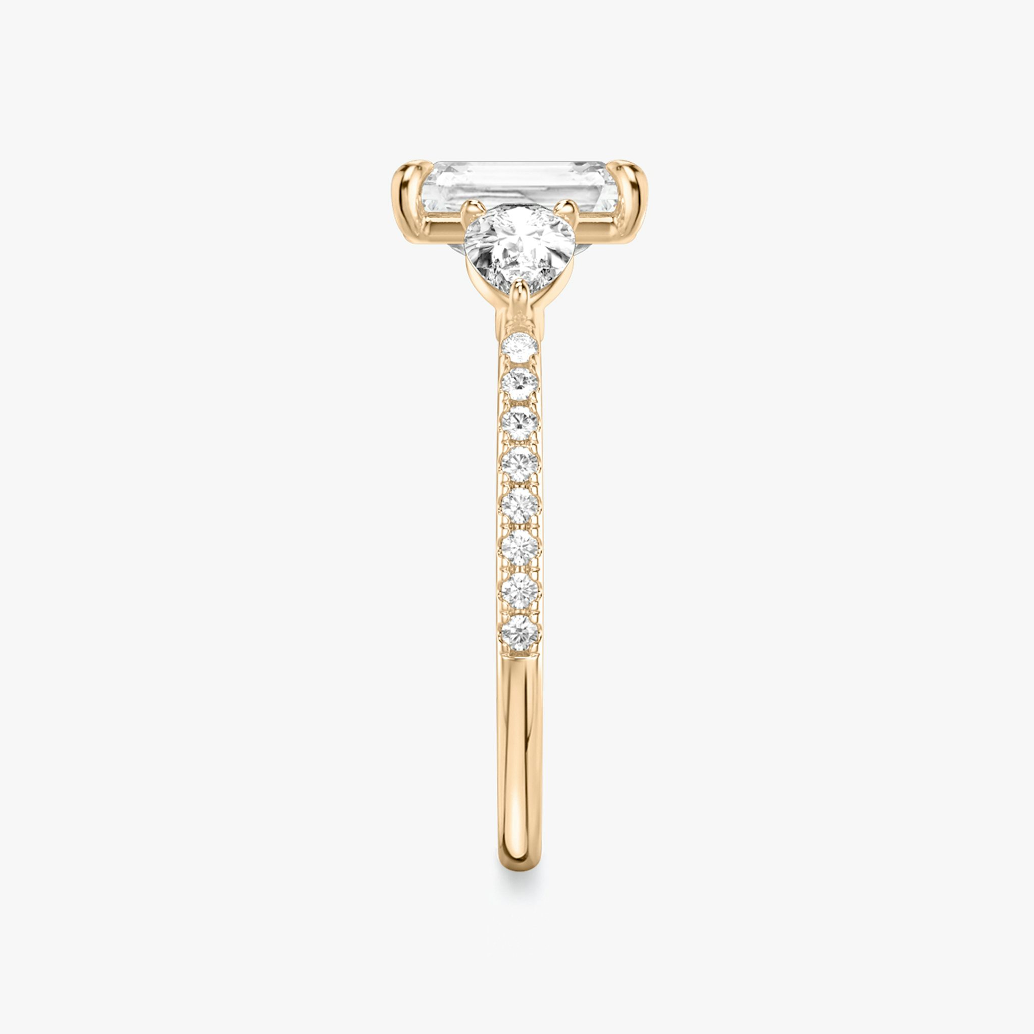 The Three Stone | Radiant | 14k | Rose Gold | bandAccent: Pavé | sideStoneCarat: 0.25ct | sideStoneShape: Pear | diamondOrientation: vertical | caratWeight: other