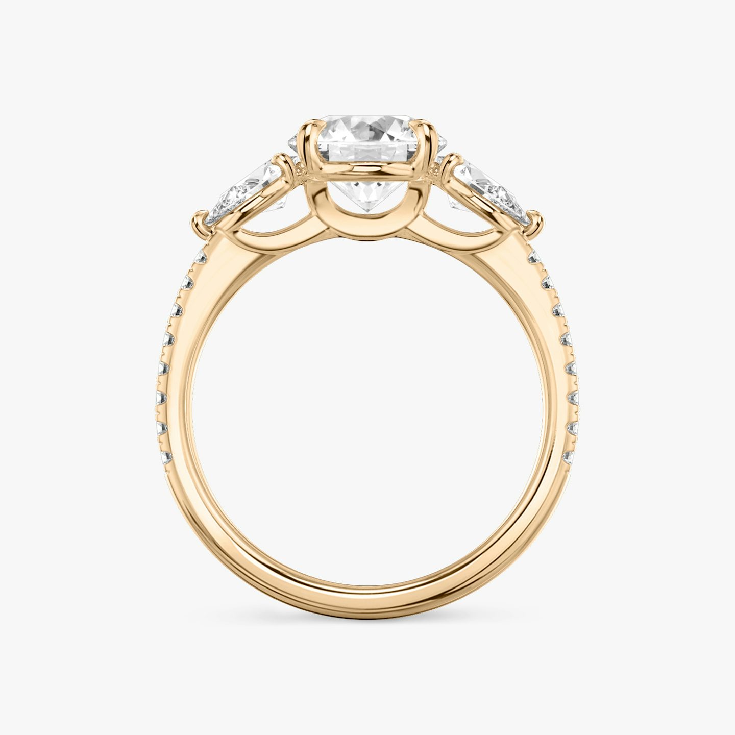 The Three Stone | Round Brilliant | 14k | Rose Gold | bandAccent: Pavé | caratWeight: other | sideStoneCarat: 0.25ct | sideStoneShape: Pear | diamondOrientation: vertical