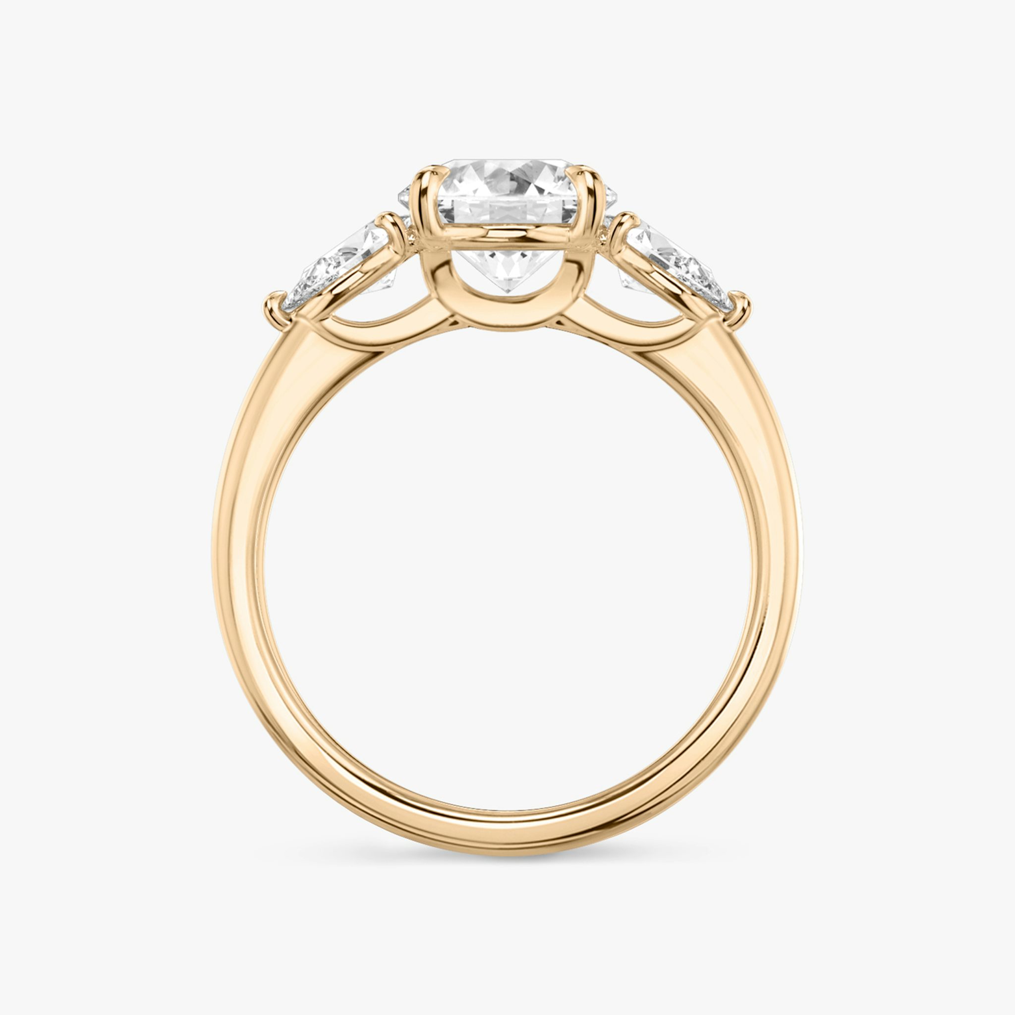 The Three Stone | Round Brilliant | 14k | Rose Gold | bandAccent: Plain | caratWeight: other | sideStoneCarat: 0.25ct | sideStoneShape: Pear | diamondOrientation: vertical