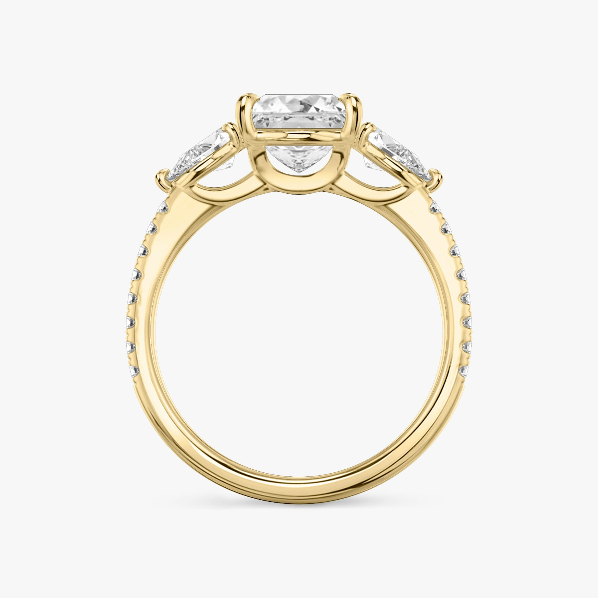 The Three Stone | Princess | 18k | Yellow Gold | bandAccent: Pavé | sideStoneCarat: 0.25ct | sideStoneShape: Pear | diamondOrientation: vertical | caratWeight: other
