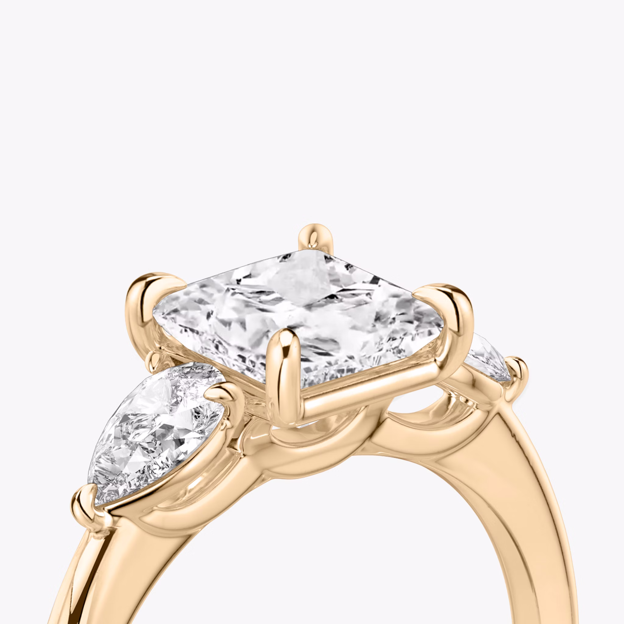 The Three Stone | Princess | 14k | Rose Gold | bandAccent: Plain | sideStoneCarat: 0.25ct | sideStoneShape: Pear | diamondOrientation: vertical | caratWeight: other