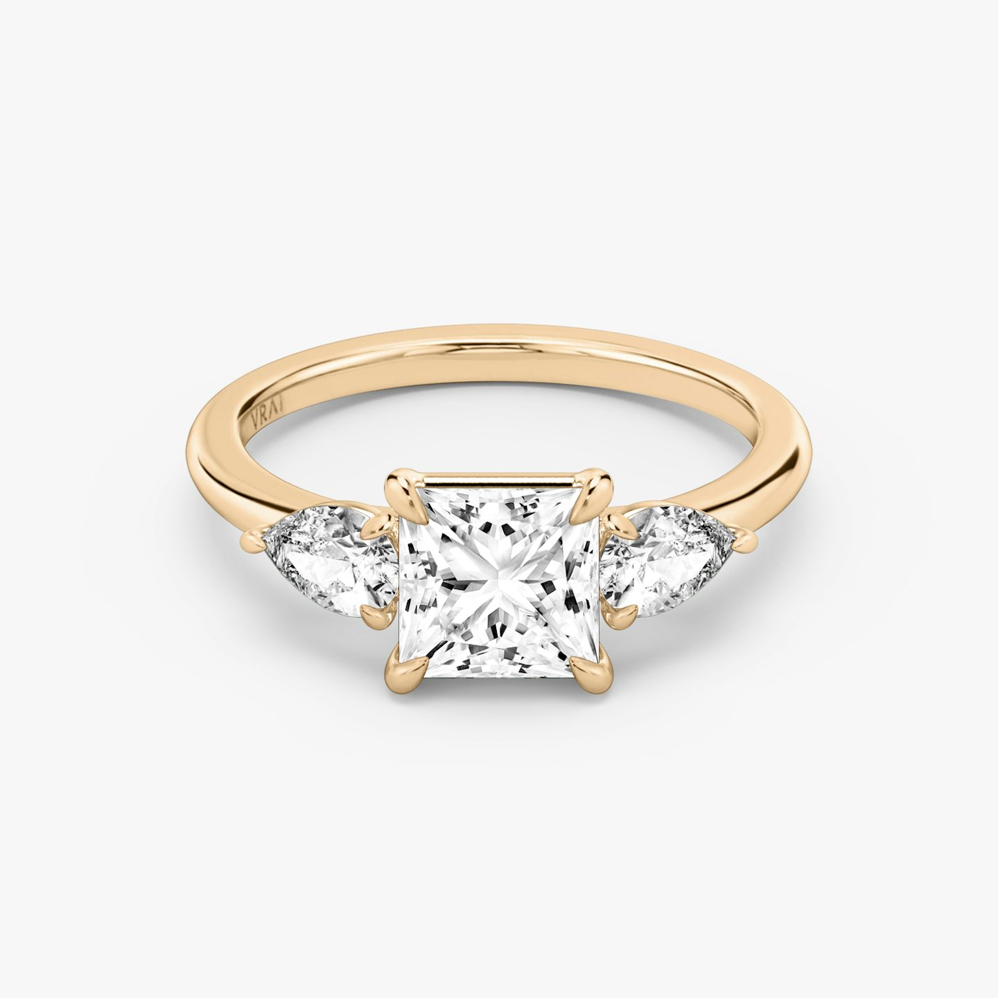 The Three Stone | Princess | 14k | Rose Gold | bandAccent: Plain | sideStoneCarat: 0.25ct | sideStoneShape: Pear | diamondOrientation: vertical | caratWeight: other