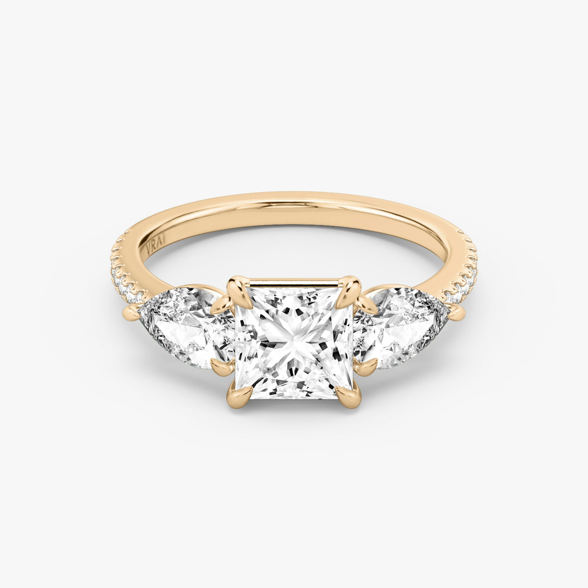 The Three Stone | Princess | 14k | Rose Gold | bandAccent: Pavé | sideStoneCarat: 0.50ct | sideStoneShape: Pear | diamondOrientation: vertical | caratWeight: other