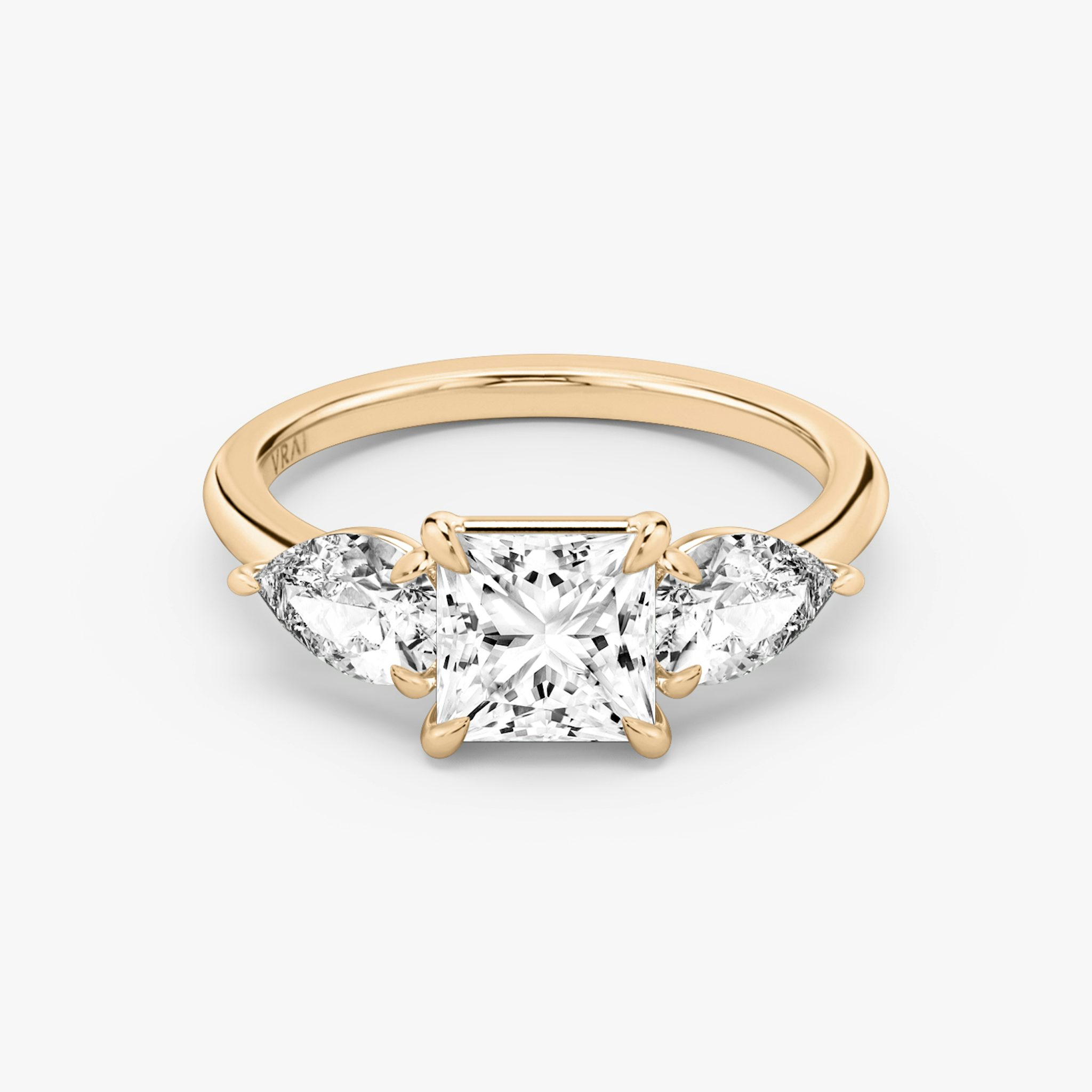 The Three Stone | Princess | 14k | Rose Gold | bandAccent: Plain | sideStoneCarat: 0.50ct | sideStoneShape: Pear | diamondOrientation: vertical | caratWeight: other