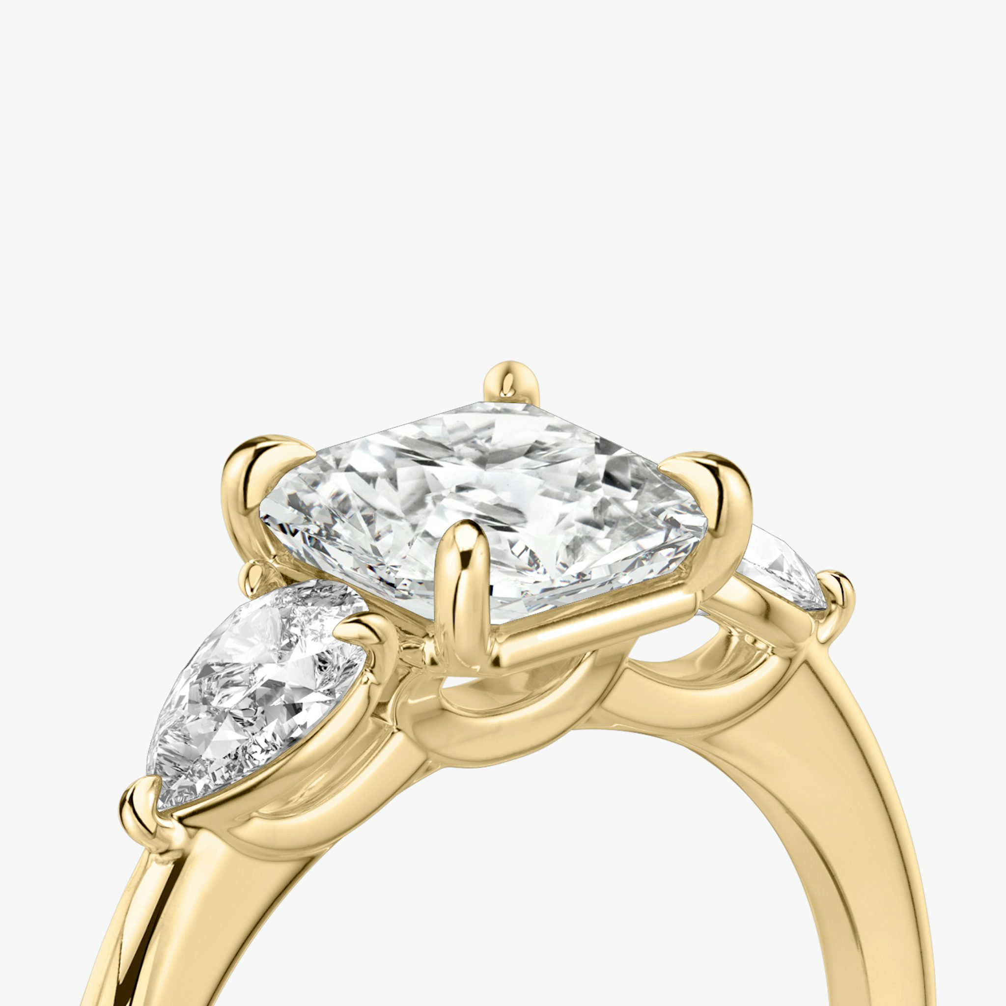 The Three Stone | Asscher | 18k | Yellow Gold | bandAccent: Plain | sideStoneCarat: 0.25ct | sideStoneShape: Pear | diamondOrientation: vertical | caratWeight: other
