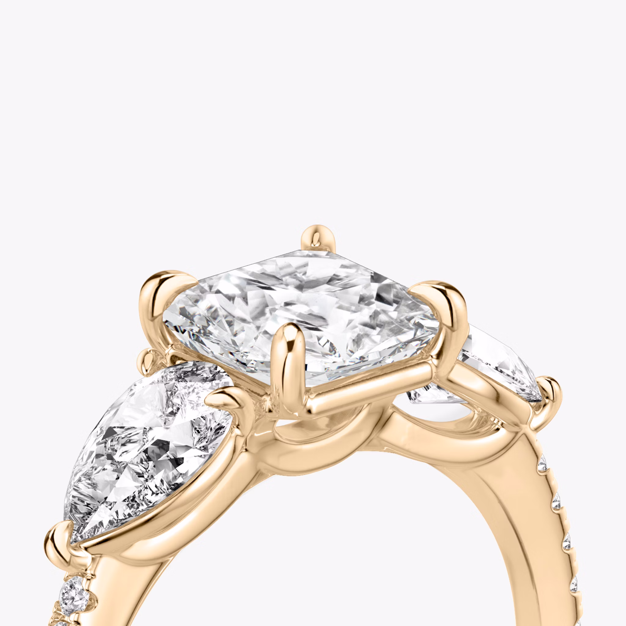 The Three Stone | Asscher | 14k | Rose Gold | bandAccent: Pavé | sideStoneCarat: 0.50ct | sideStoneShape: Pear | diamondOrientation: vertical | caratWeight: other