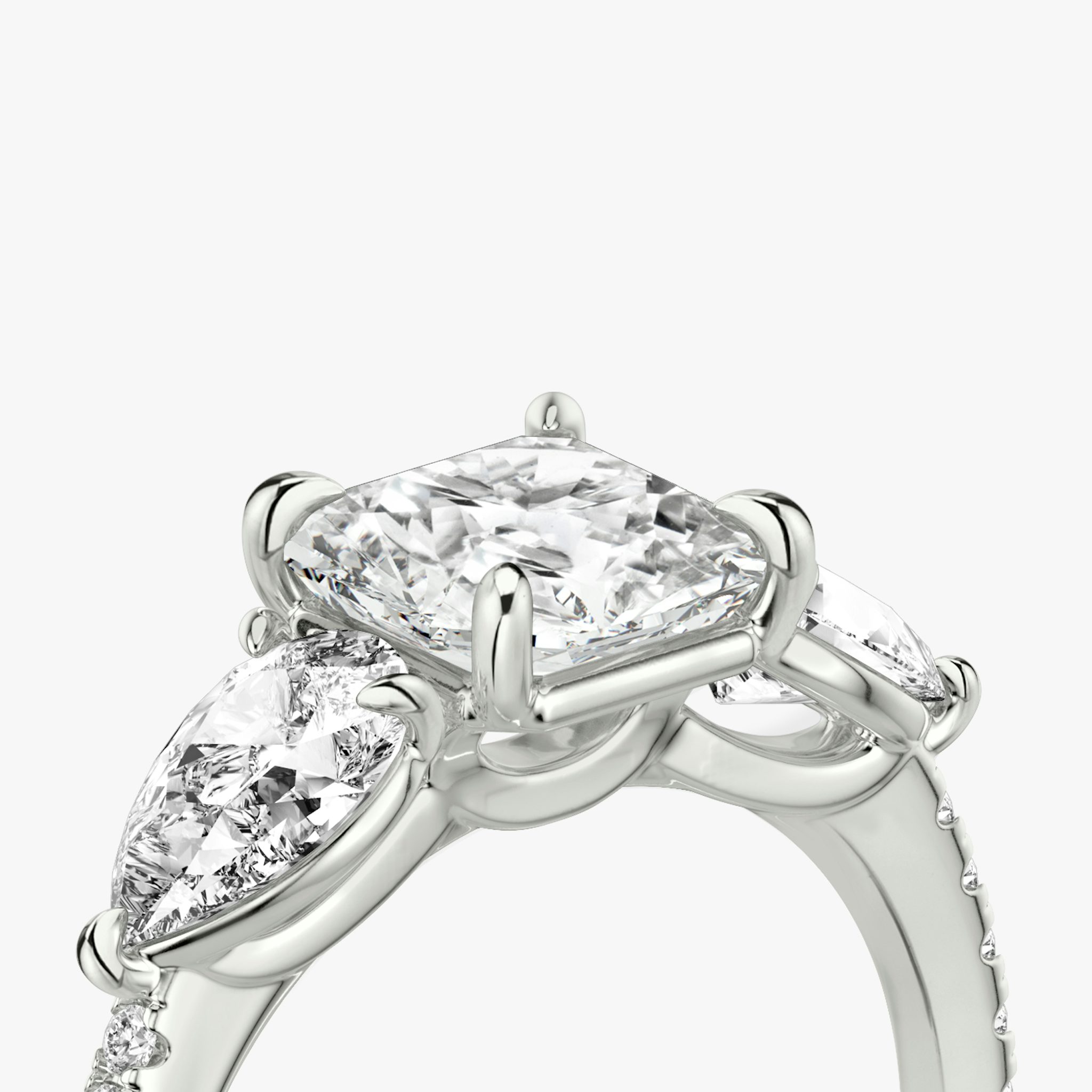 The Three Stone | Asscher | 18k | White Gold | bandAccent: Pavé | sideStoneCarat: 0.50ct | sideStoneShape: Pear | diamondOrientation: vertical | caratWeight: other