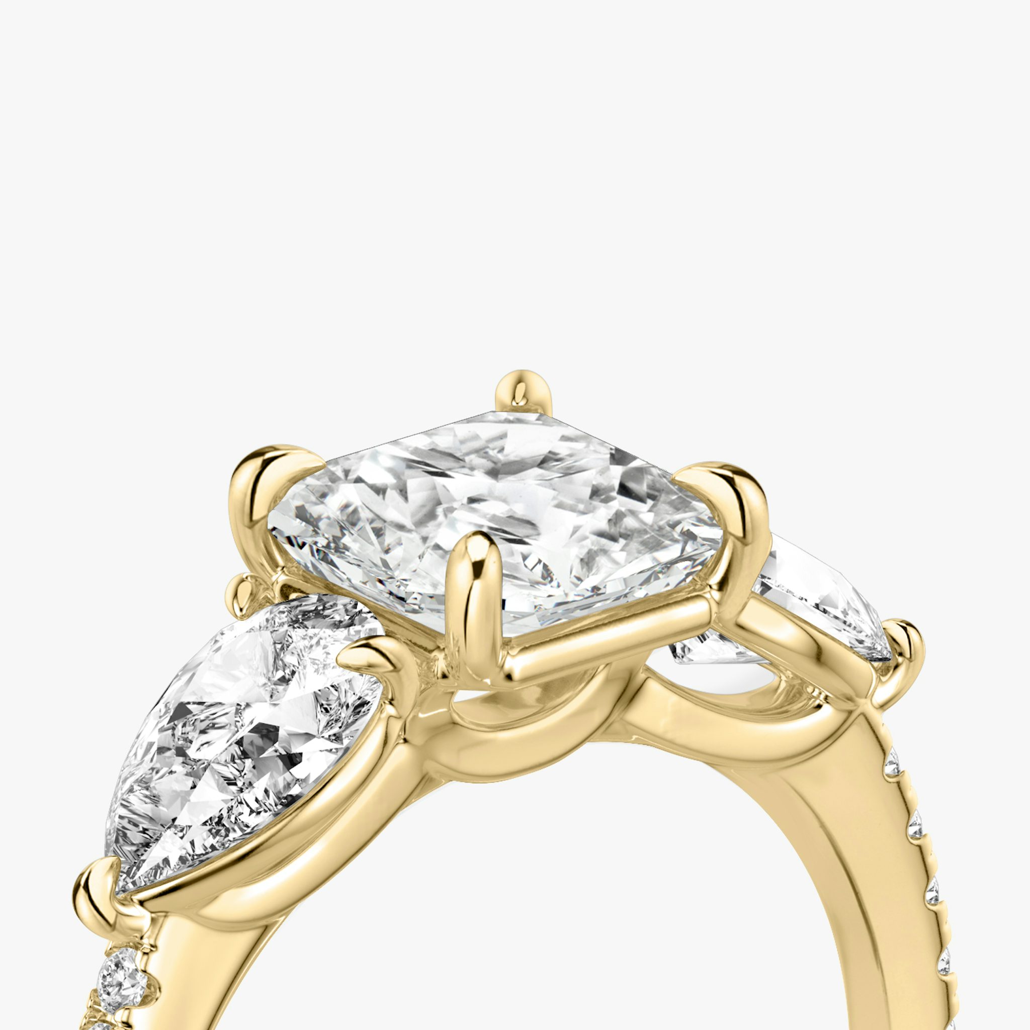 The Three Stone | Asscher | 18k | Yellow Gold | bandAccent: Pavé | sideStoneCarat: 0.50ct | sideStoneShape: Pear | diamondOrientation: vertical | caratWeight: other