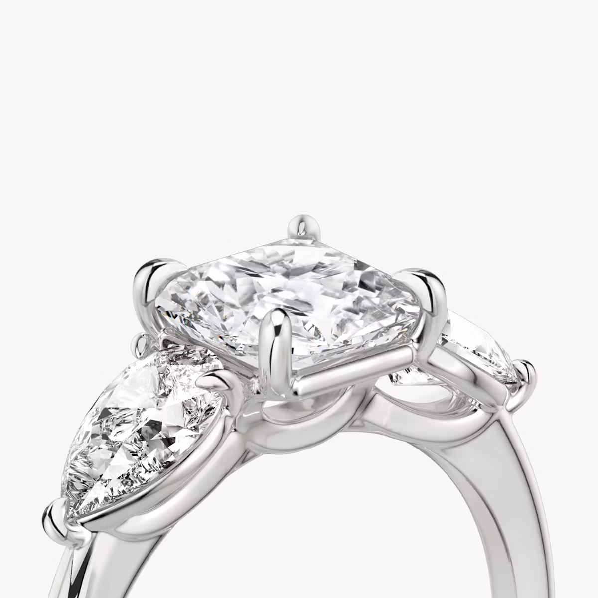 The Three Stone | Asscher | 18k | White Gold | bandAccent: Plain | sideStoneCarat: 0.50ct | sideStoneShape: Pear | diamondOrientation: vertical | caratWeight: other