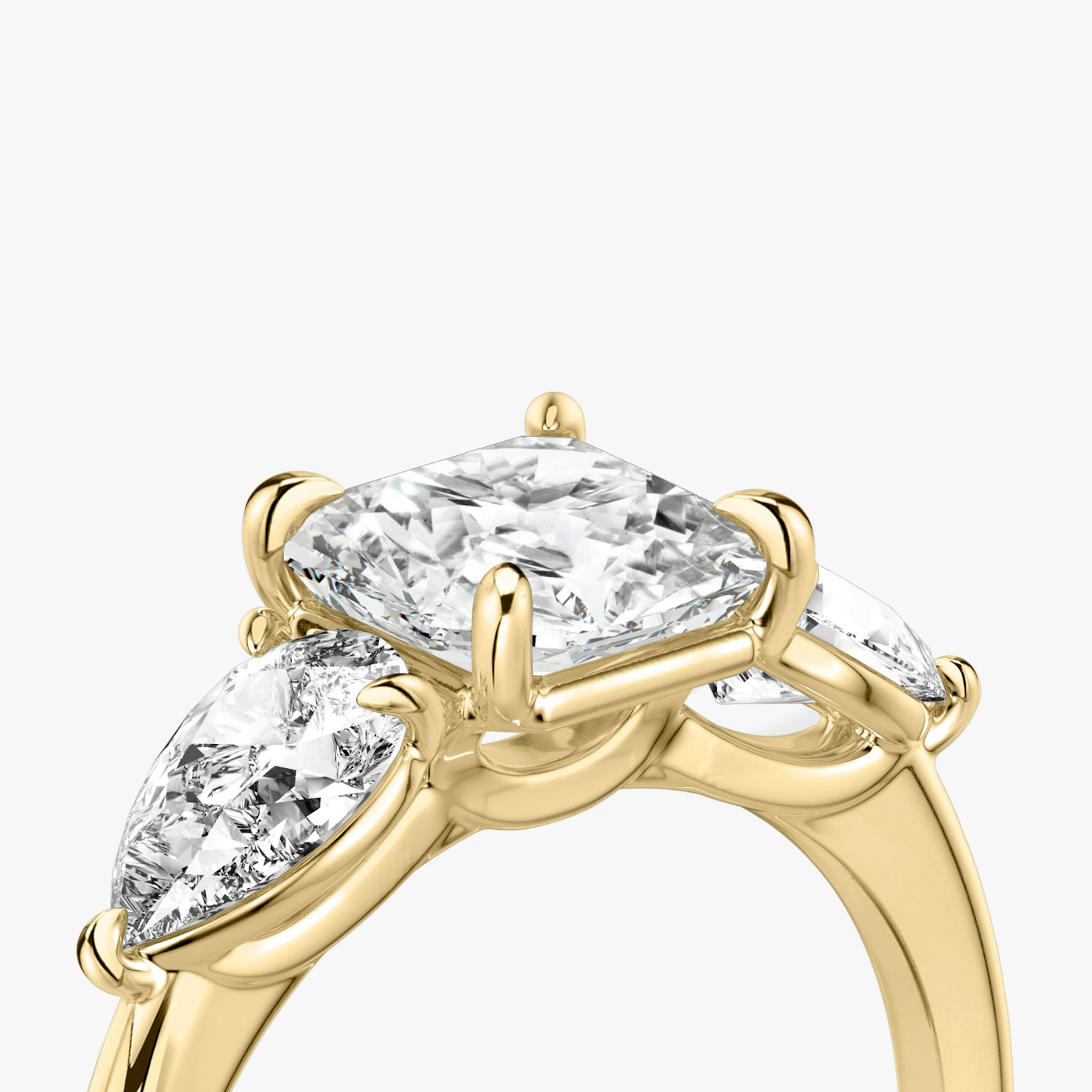 The Three Stone | Asscher | 18k | Yellow Gold | bandAccent: Plain | sideStoneCarat: 0.50ct | sideStoneShape: Pear | diamondOrientation: vertical | caratWeight: other