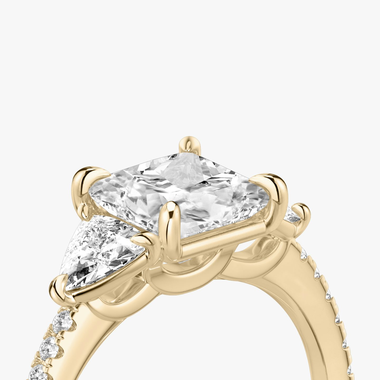 The Three Stone | Princess | 14k | Rose Gold | bandAccent: Pavé | sideStoneCarat: 0.25ct | sideStoneShape: Trillion | diamondOrientation: vertical | caratWeight: other