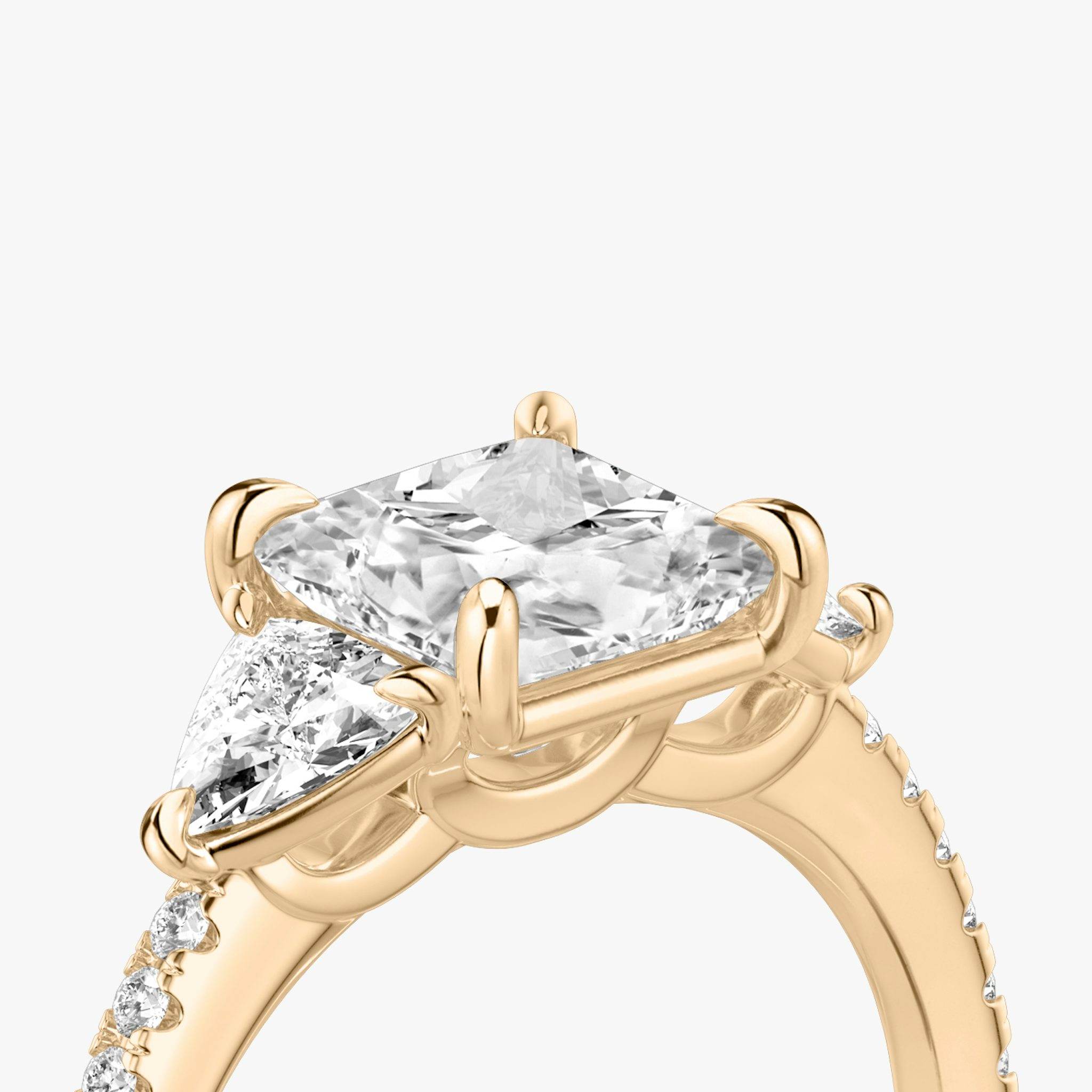 The Three Stone | Princess | 14k | Rose Gold | bandAccent: Pavé | sideStoneCarat: 0.25ct | sideStoneShape: Trillion | diamondOrientation: vertical | caratWeight: other