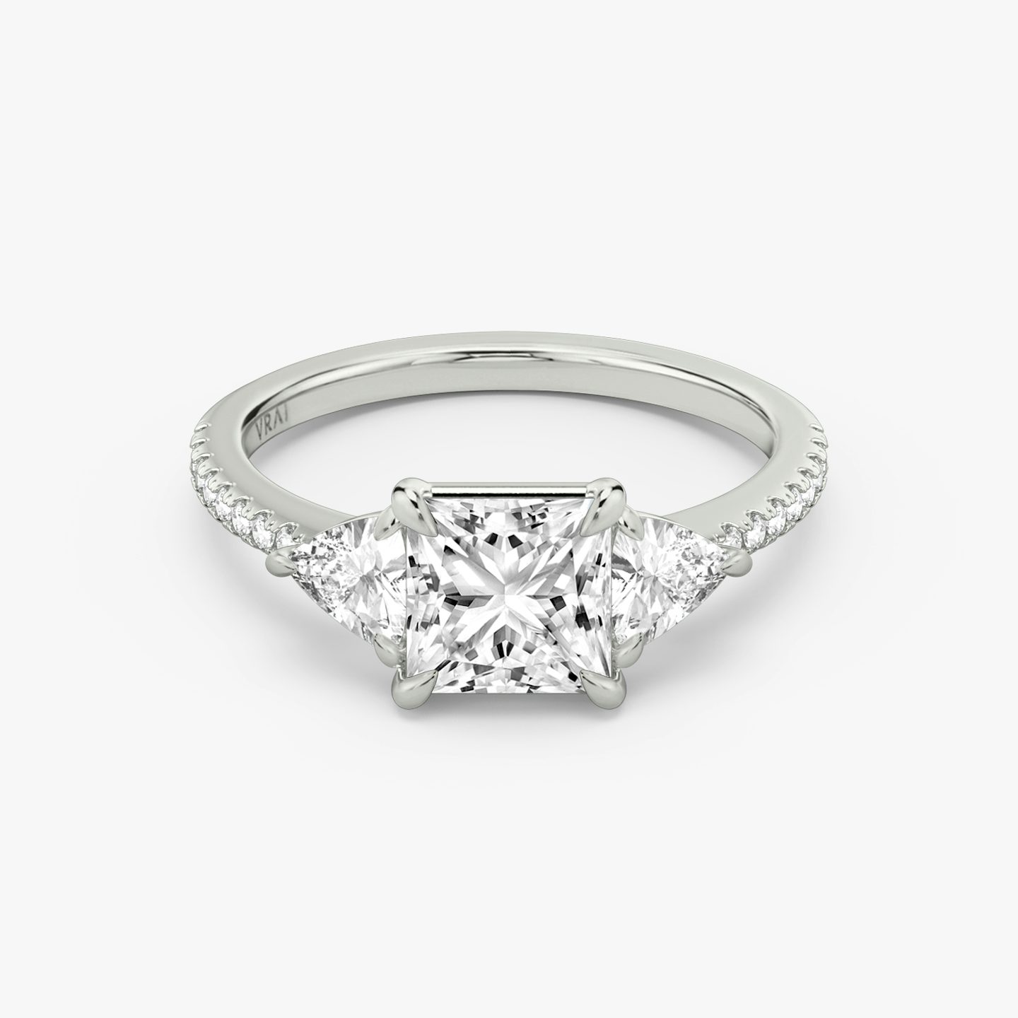 The Three Stone | Princess | Platinum | bandAccent: Pavé | sideStoneCarat: 0.25ct | sideStoneShape: Trillion | diamondOrientation: vertical | caratWeight: other