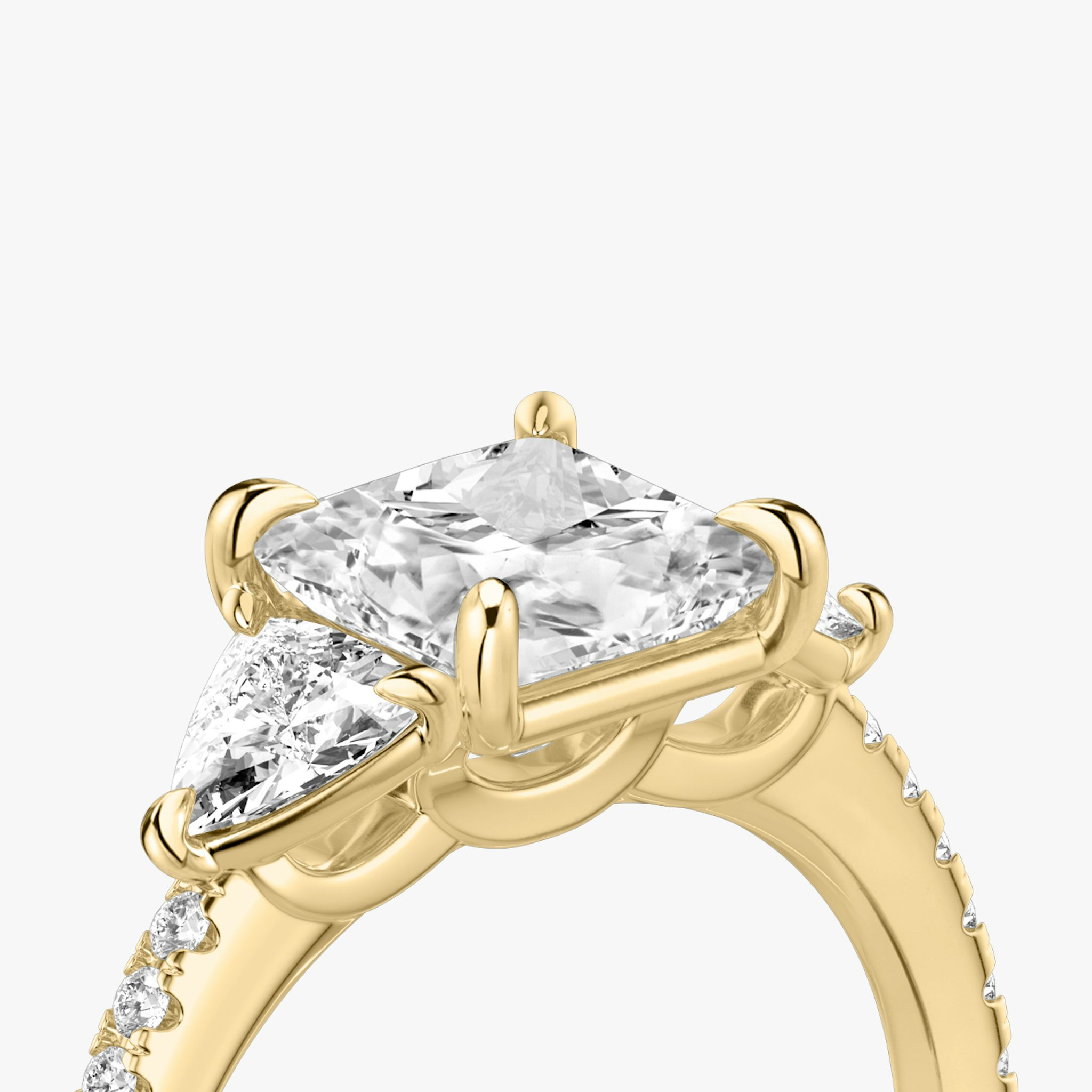 The Three Stone | Princess | 18k | Yellow Gold | bandAccent: Pavé | sideStoneCarat: 0.25ct | sideStoneShape: Trillion | diamondOrientation: vertical | caratWeight: other
