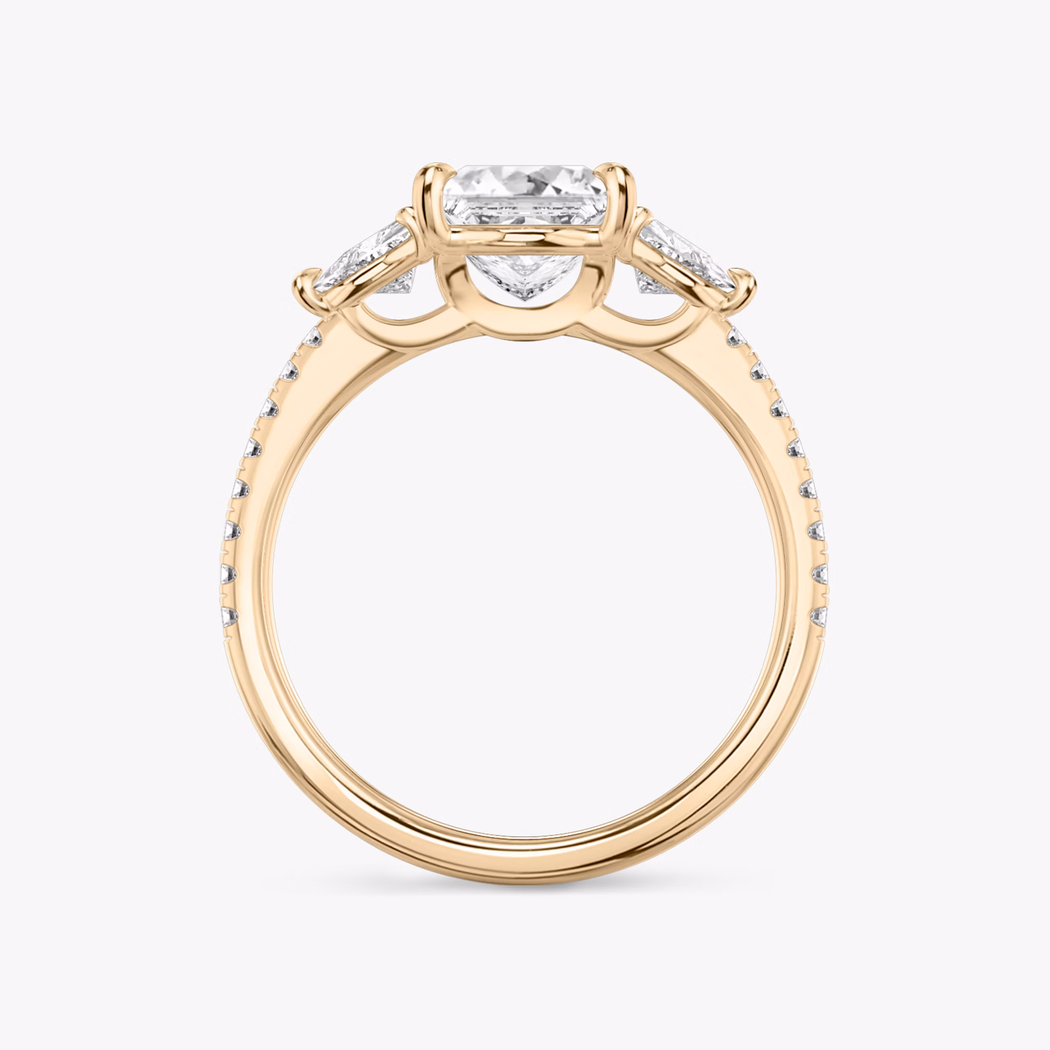 The Three Stone | Princess | 14k | Rose Gold | bandAccent: Pavé | sideStoneCarat: 0.25ct | sideStoneShape: Trillion | diamondOrientation: vertical | caratWeight: other