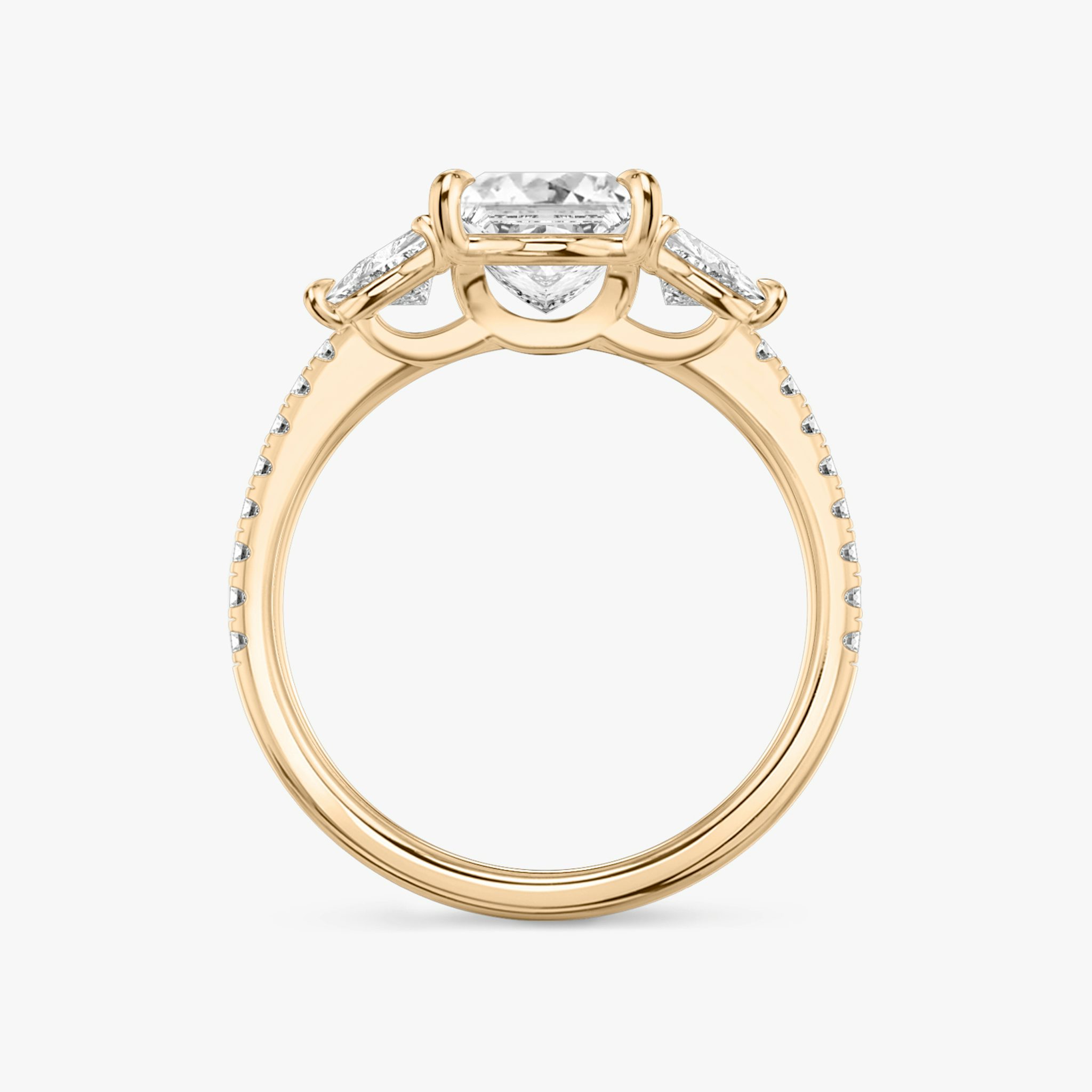 The Three Stone | Princess | 14k | Rose Gold | bandAccent: Pavé | sideStoneCarat: 0.25ct | sideStoneShape: Trillion | diamondOrientation: vertical | caratWeight: other
