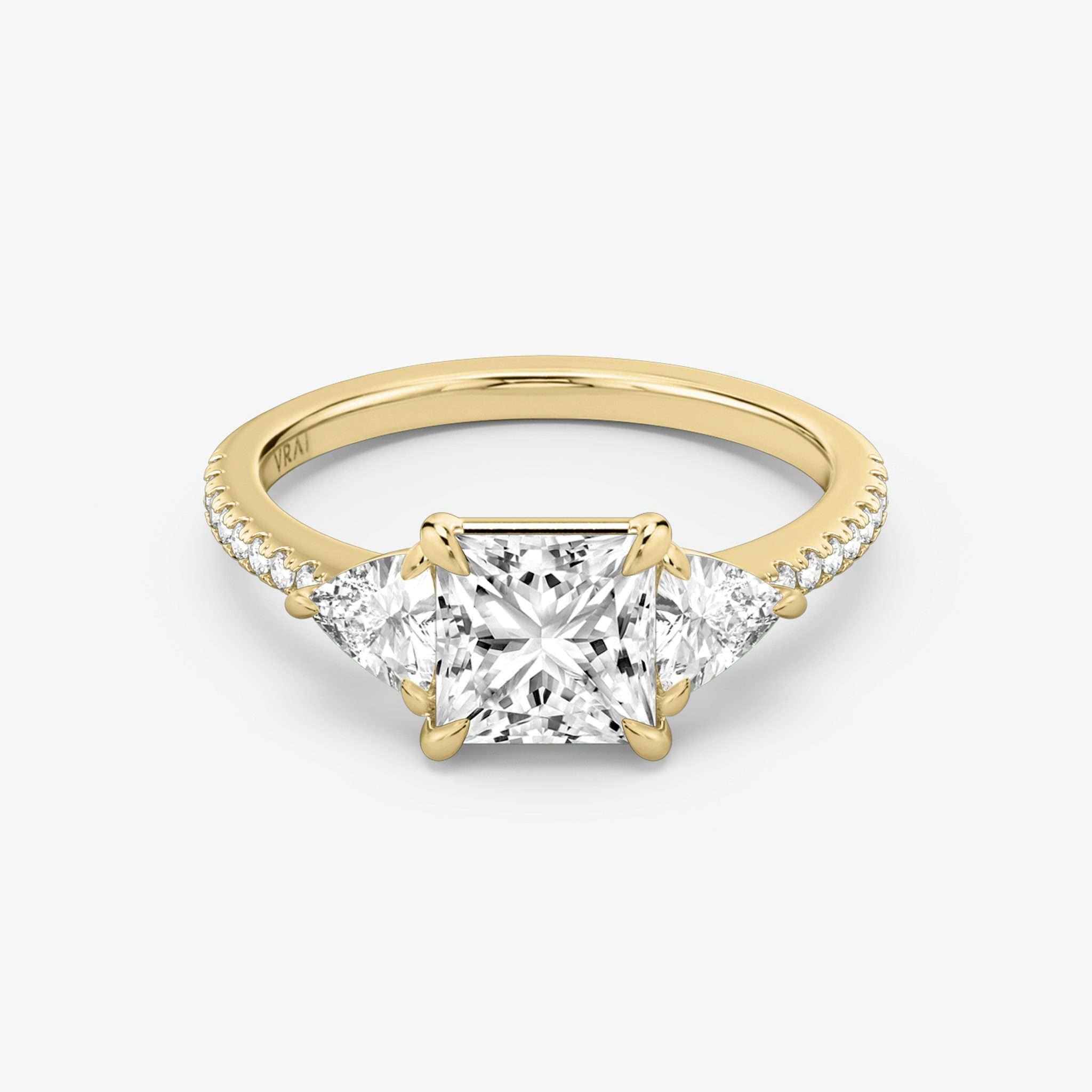 The Three Stone | Princess | 18k | Yellow Gold | bandAccent: Pavé | sideStoneCarat: 0.25ct | sideStoneShape: Trillion | diamondOrientation: vertical | caratWeight: other