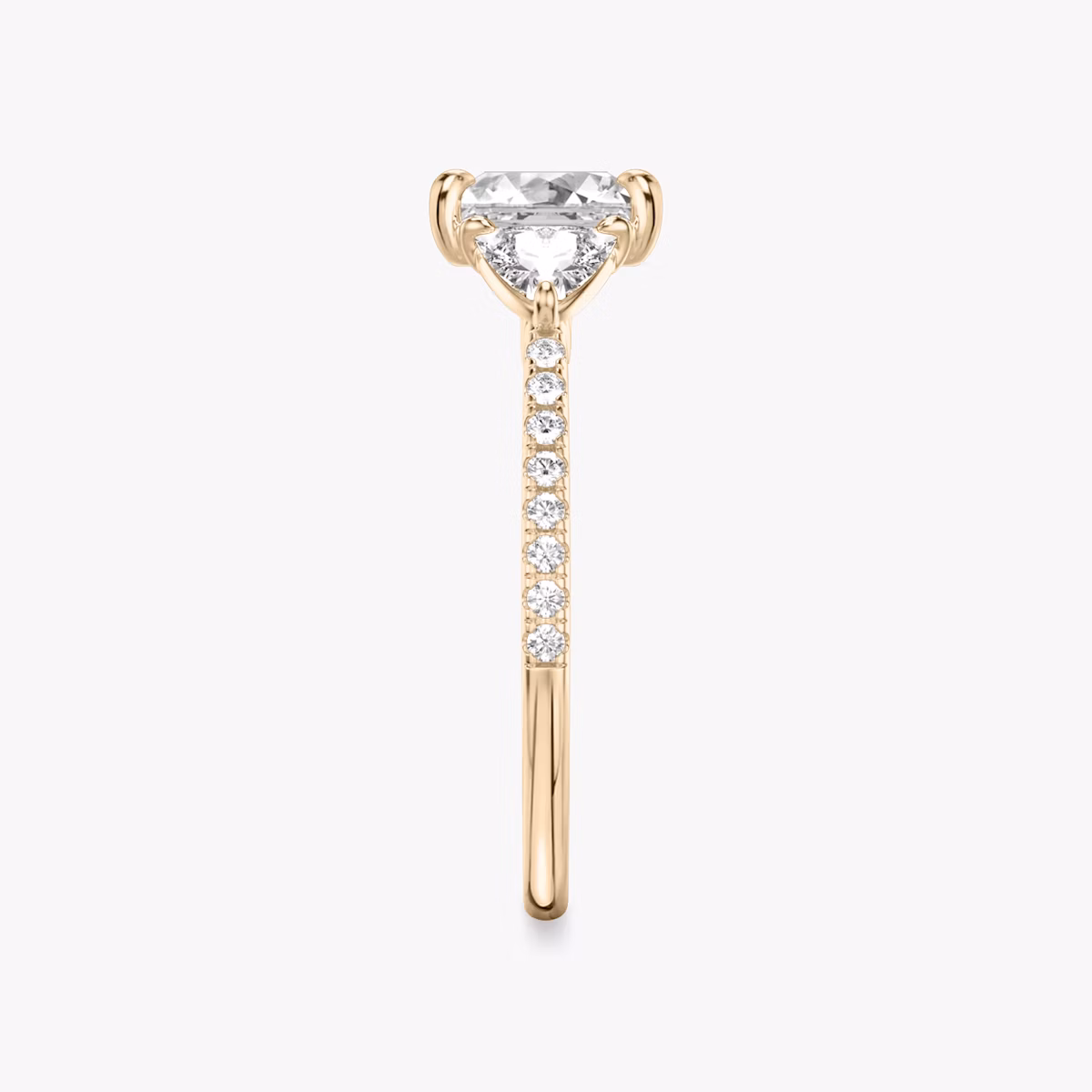 The Three Stone | Princess | 14k | Rose Gold | bandAccent: Pavé | sideStoneCarat: 0.25ct | sideStoneShape: Trillion | diamondOrientation: vertical | caratWeight: other