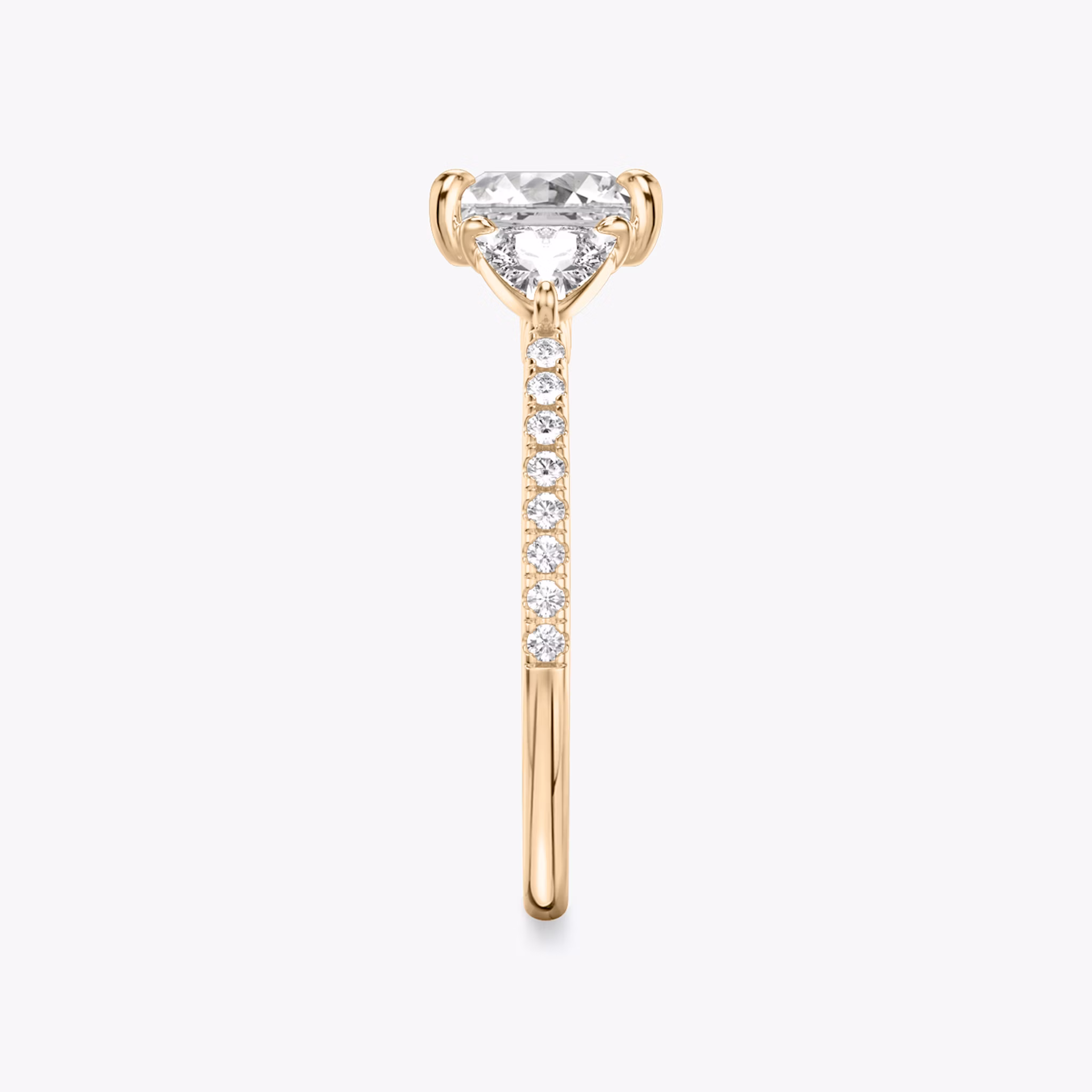 The Three Stone | Princess | 14k | Rose Gold | bandAccent: Pavé | sideStoneCarat: 0.25ct | sideStoneShape: Trillion | diamondOrientation: vertical | caratWeight: other