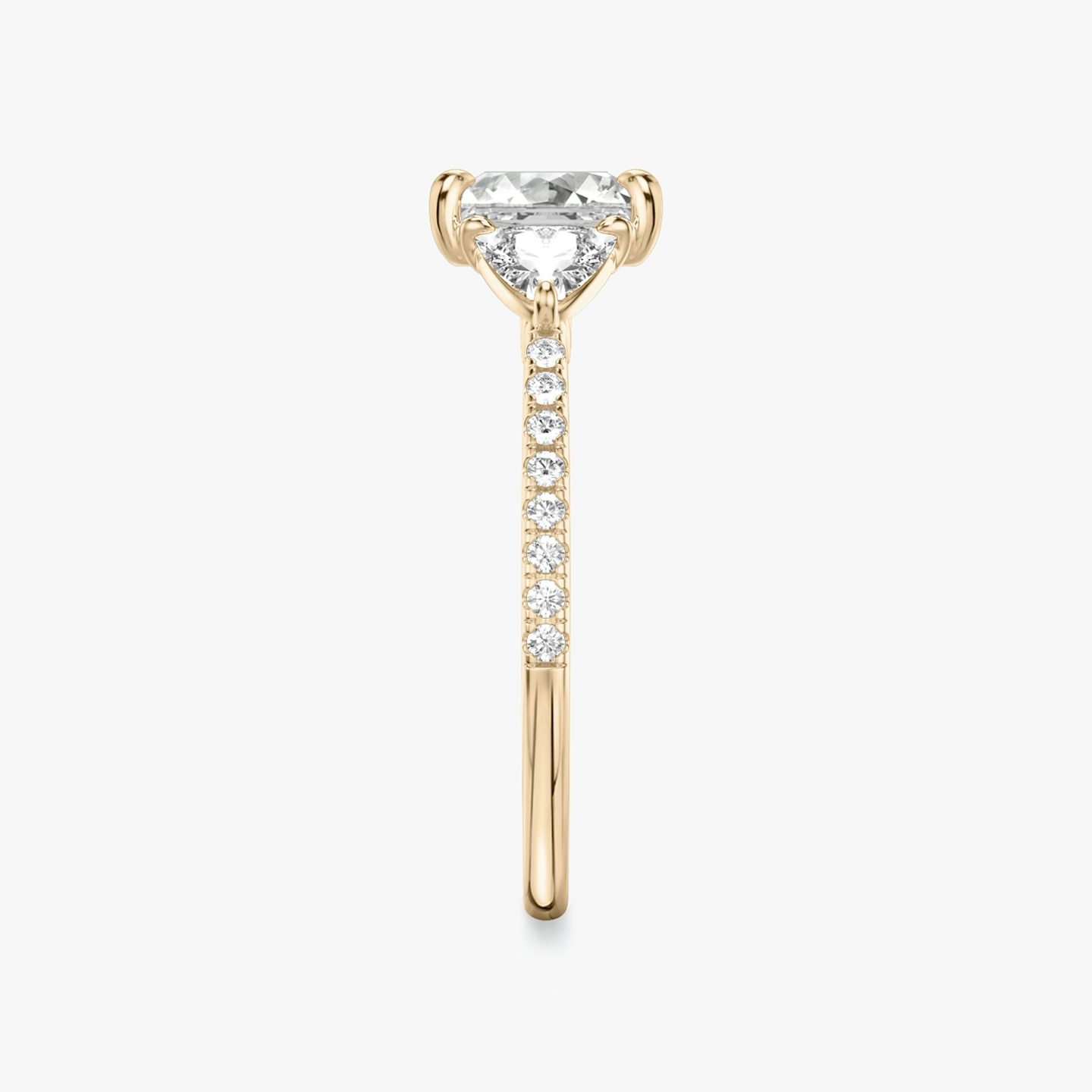 The Three Stone | Princess | 14k | Rose Gold | bandAccent: Pavé | sideStoneCarat: 0.25ct | sideStoneShape: Trillion | diamondOrientation: vertical | caratWeight: other
