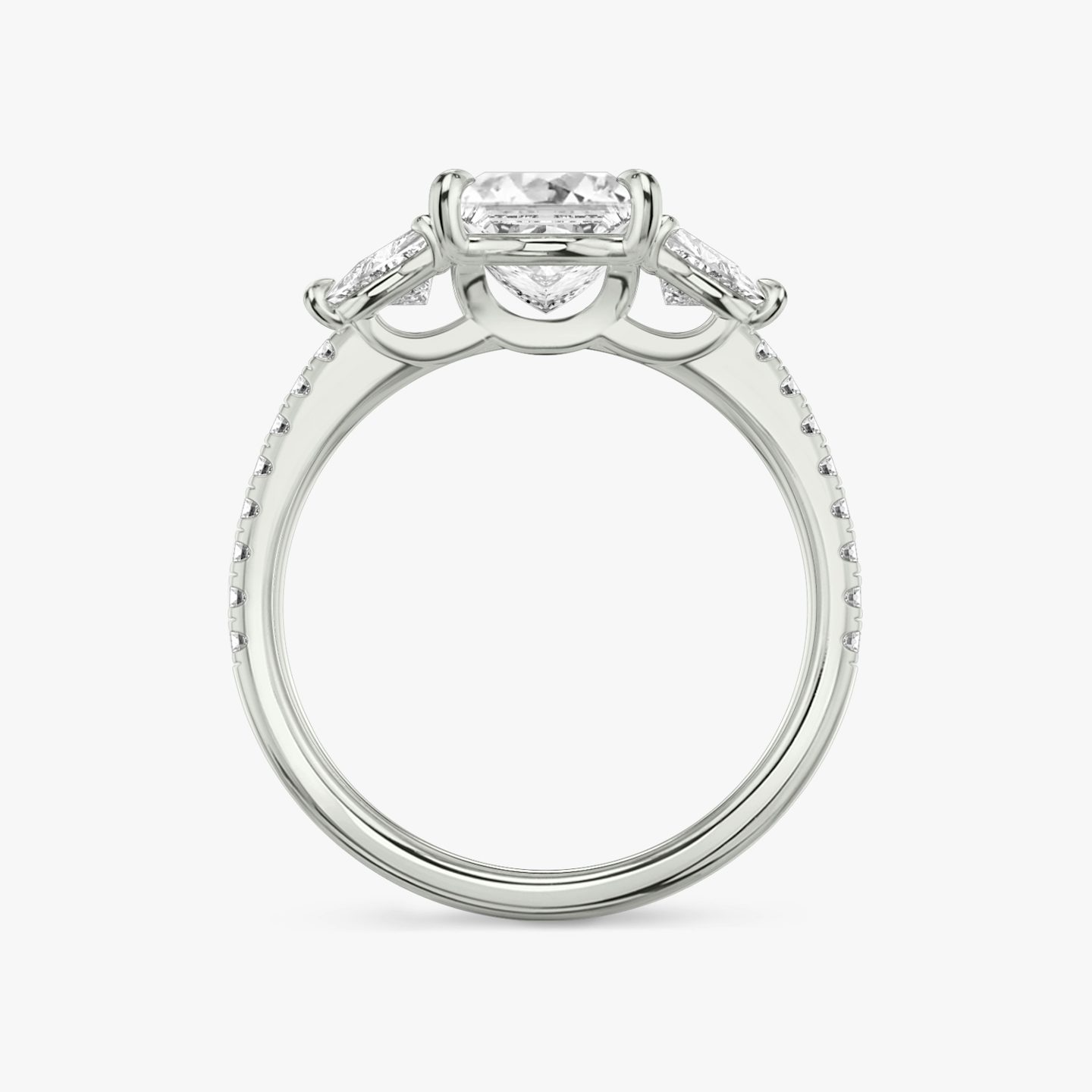 The Three Stone | Princess | Platinum | bandAccent: Pavé | sideStoneCarat: 0.25ct | sideStoneShape: Trillion | diamondOrientation: vertical | caratWeight: other