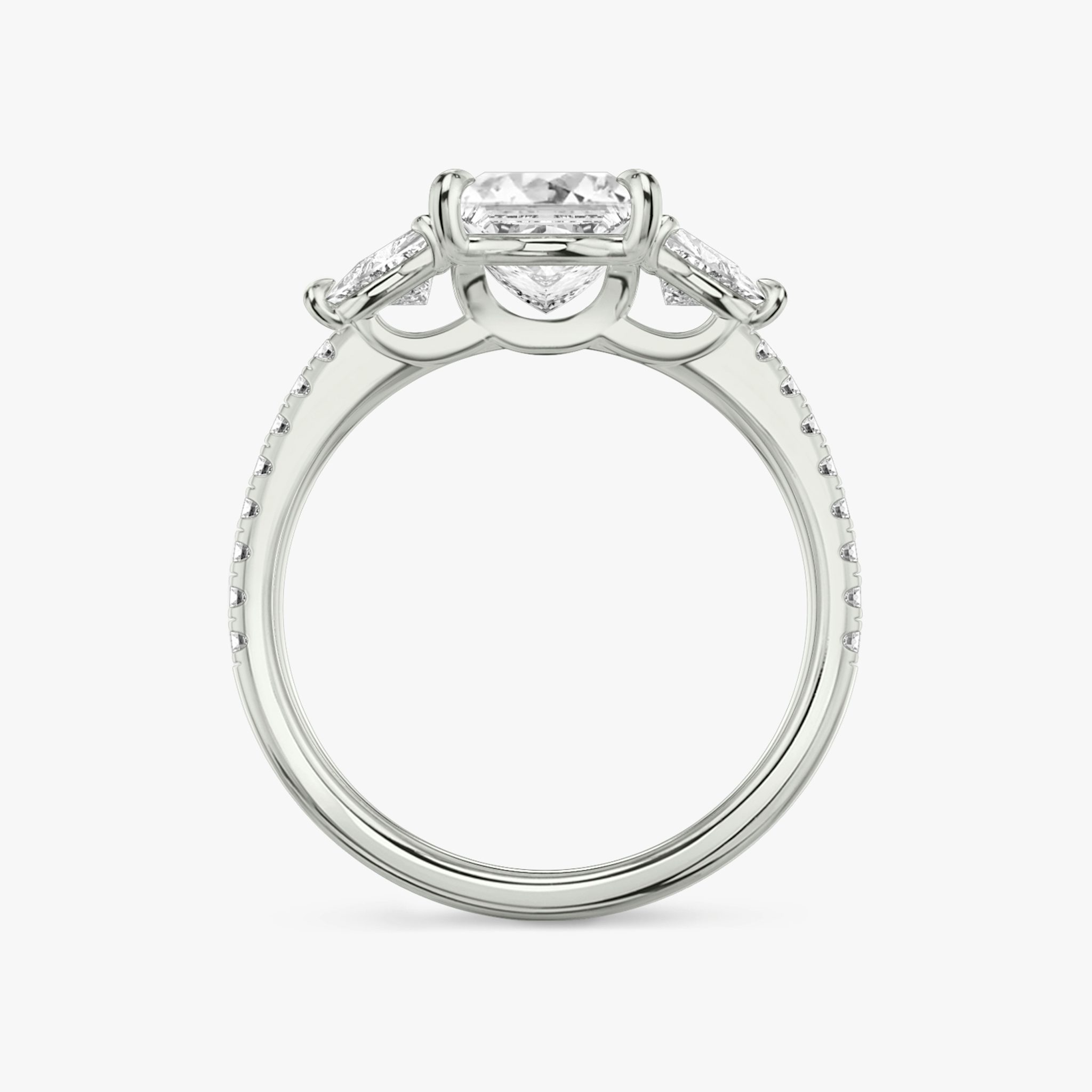 The Three Stone | Princess | 18k | White Gold | bandAccent: Pavé | sideStoneCarat: 0.25ct | sideStoneShape: Trillion | diamondOrientation: vertical | caratWeight: other