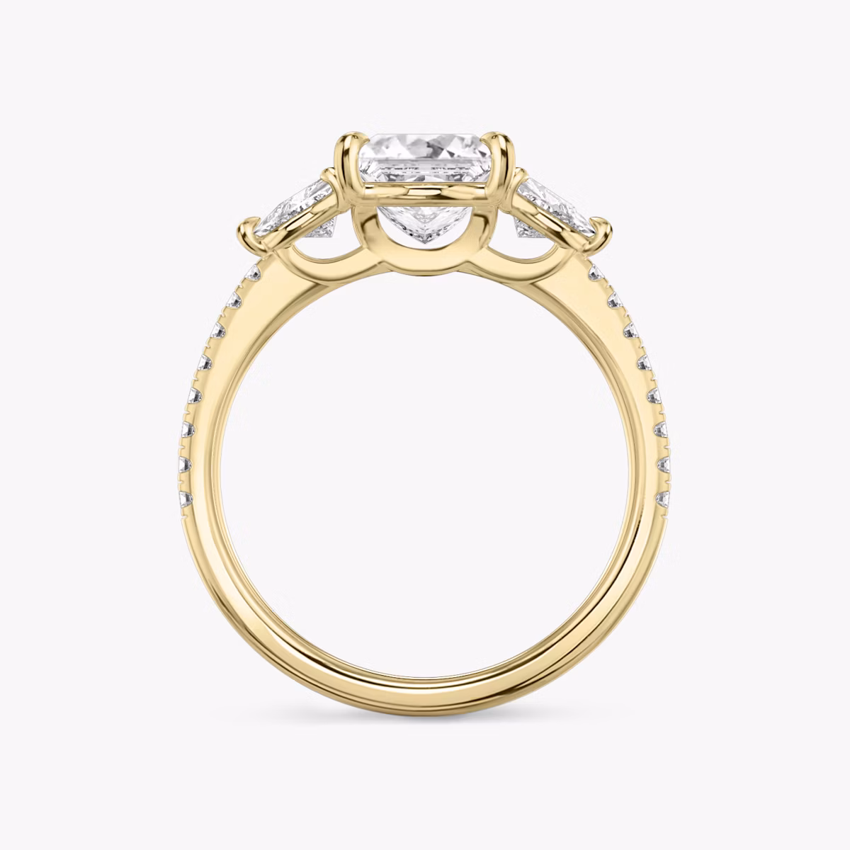 The Three Stone | Princess | 18k | Yellow Gold | bandAccent: Pavé | sideStoneCarat: 0.25ct | sideStoneShape: Trillion | diamondOrientation: vertical | caratWeight: other