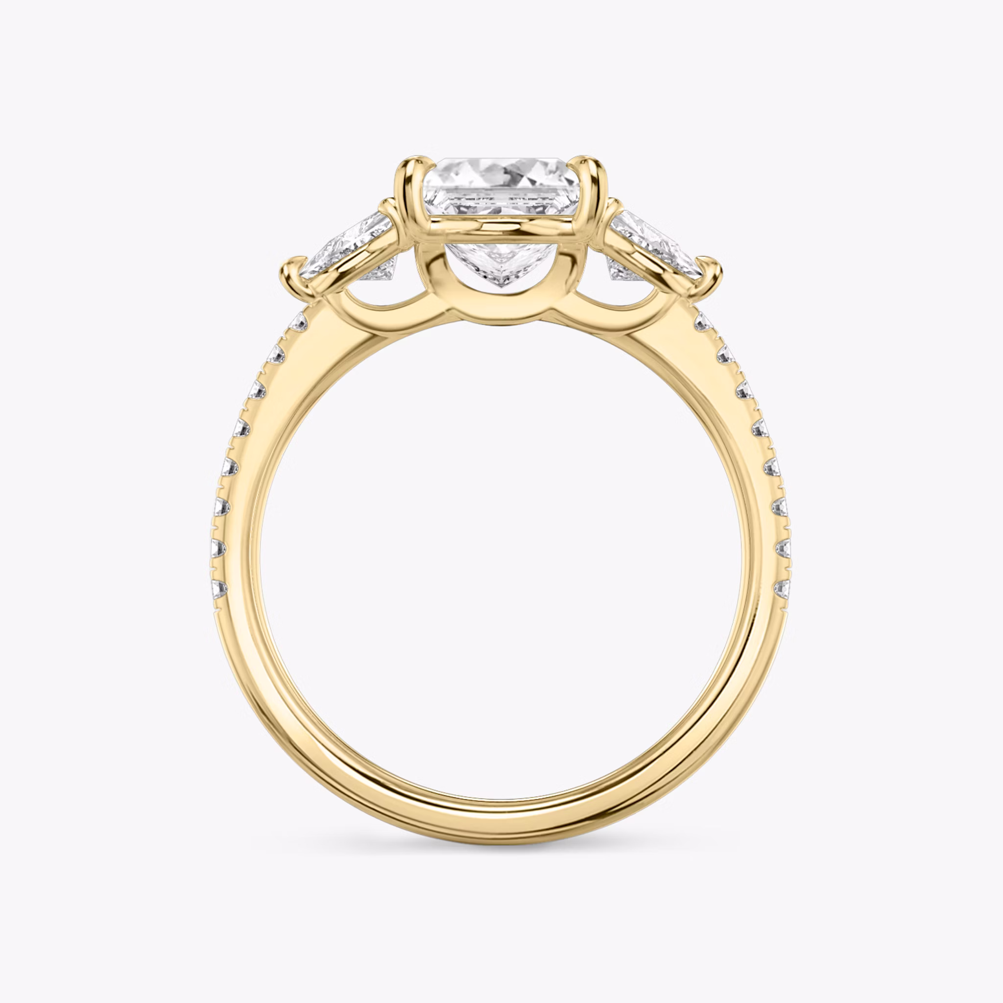 The Three Stone | Princess | 18k | Yellow Gold | bandAccent: Pavé | sideStoneCarat: 0.25ct | sideStoneShape: Trillion | diamondOrientation: vertical | caratWeight: other