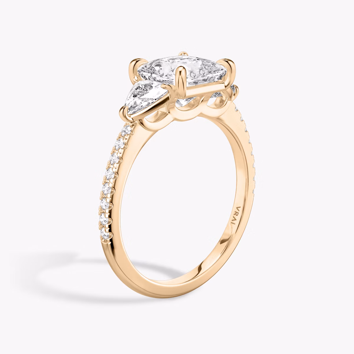 The Three Stone | Princess | 14k | Rose Gold | bandAccent: Pavé | sideStoneCarat: 0.25ct | sideStoneShape: Trillion | diamondOrientation: vertical | caratWeight: other