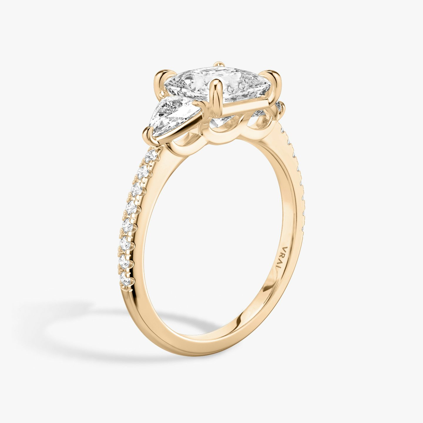 The Three Stone | Princess | 14k | Rose Gold | bandAccent: Pavé | sideStoneCarat: 0.25ct | sideStoneShape: Trillion | diamondOrientation: vertical | caratWeight: other