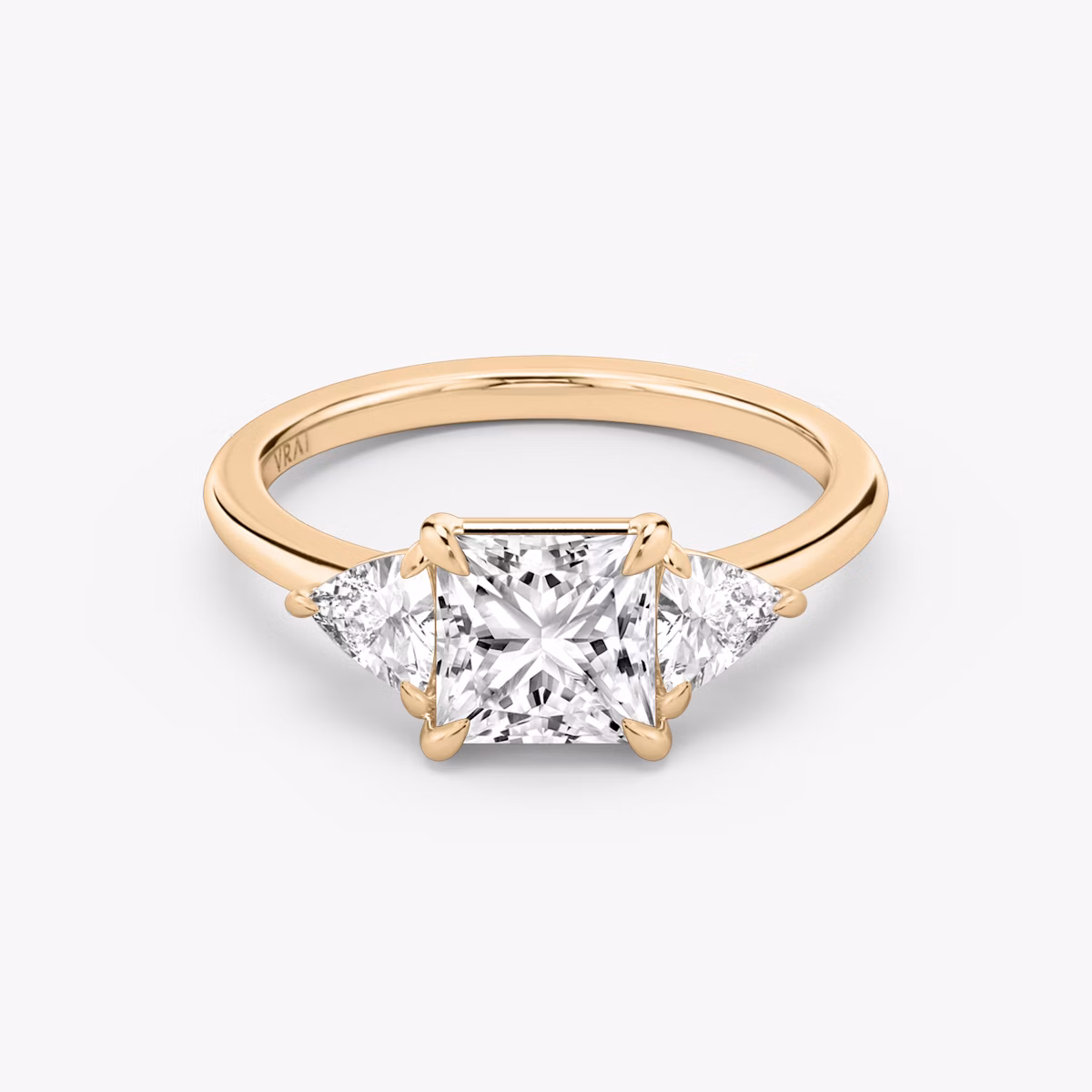 The Three Stone | Princess | 14k | Rose Gold | bandAccent: Plain | sideStoneCarat: 0.25ct | sideStoneShape: Trillion | diamondOrientation: vertical | caratWeight: other