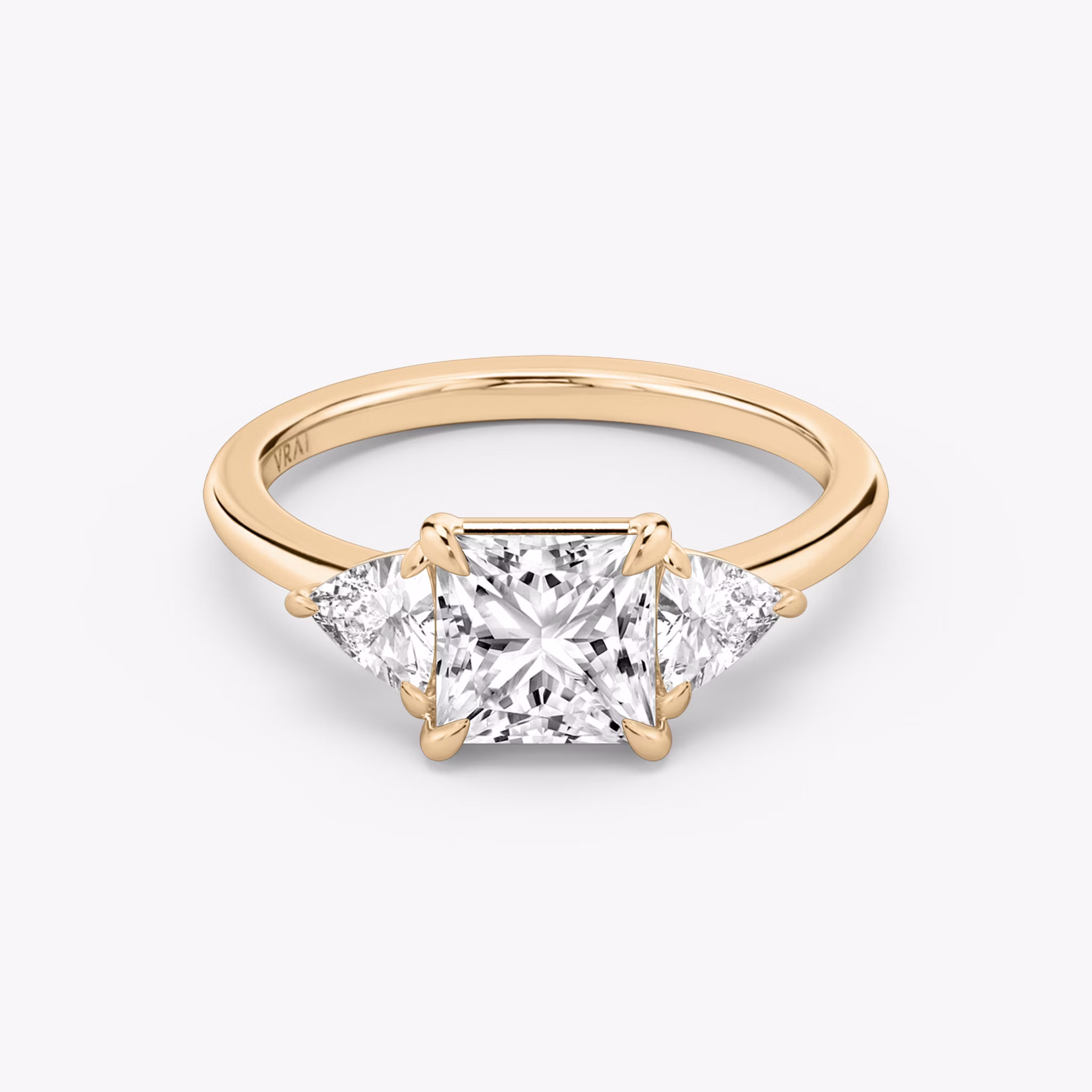 The Three Stone | Princess | 14k | Rose Gold | bandAccent: Plain | sideStoneCarat: 0.25ct | sideStoneShape: Trillion | diamondOrientation: vertical | caratWeight: other
