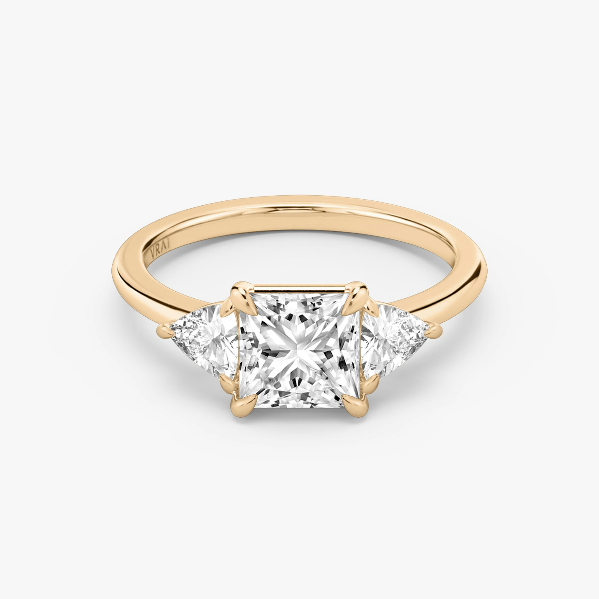 The Three Stone | Princess | 14k | Rose Gold | bandAccent: Plain | sideStoneCarat: 0.25ct | sideStoneShape: Trillion | diamondOrientation: vertical | caratWeight: other