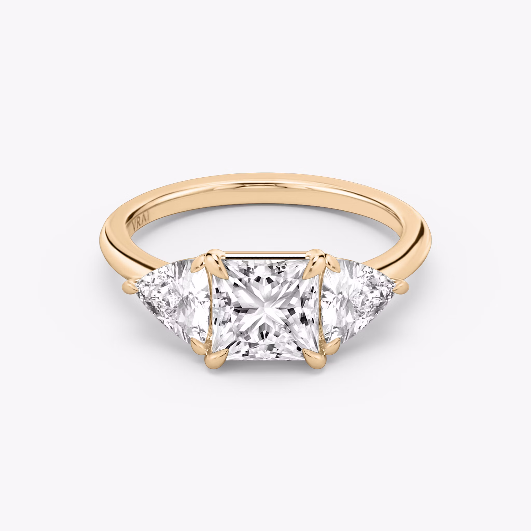 The Three Stone | Princess | 14k | Rose Gold | bandAccent: Plain | sideStoneCarat: 0.50ct | sideStoneShape: Trillion | diamondOrientation: vertical | caratWeight: other