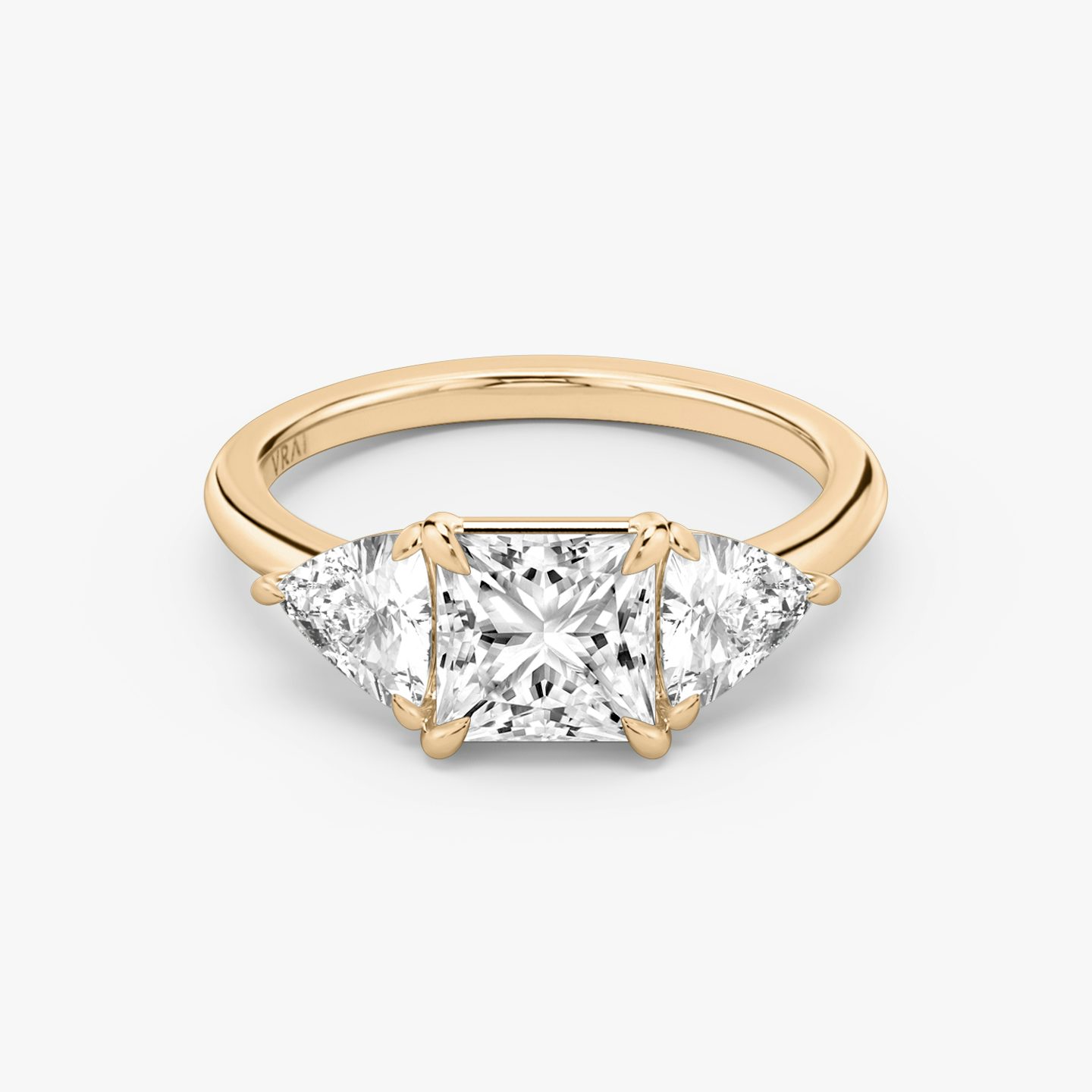 The Three Stone | Princess | 14k | Rose Gold | bandAccent: Plain | sideStoneCarat: 0.50ct | sideStoneShape: Trillion | diamondOrientation: vertical | caratWeight: other