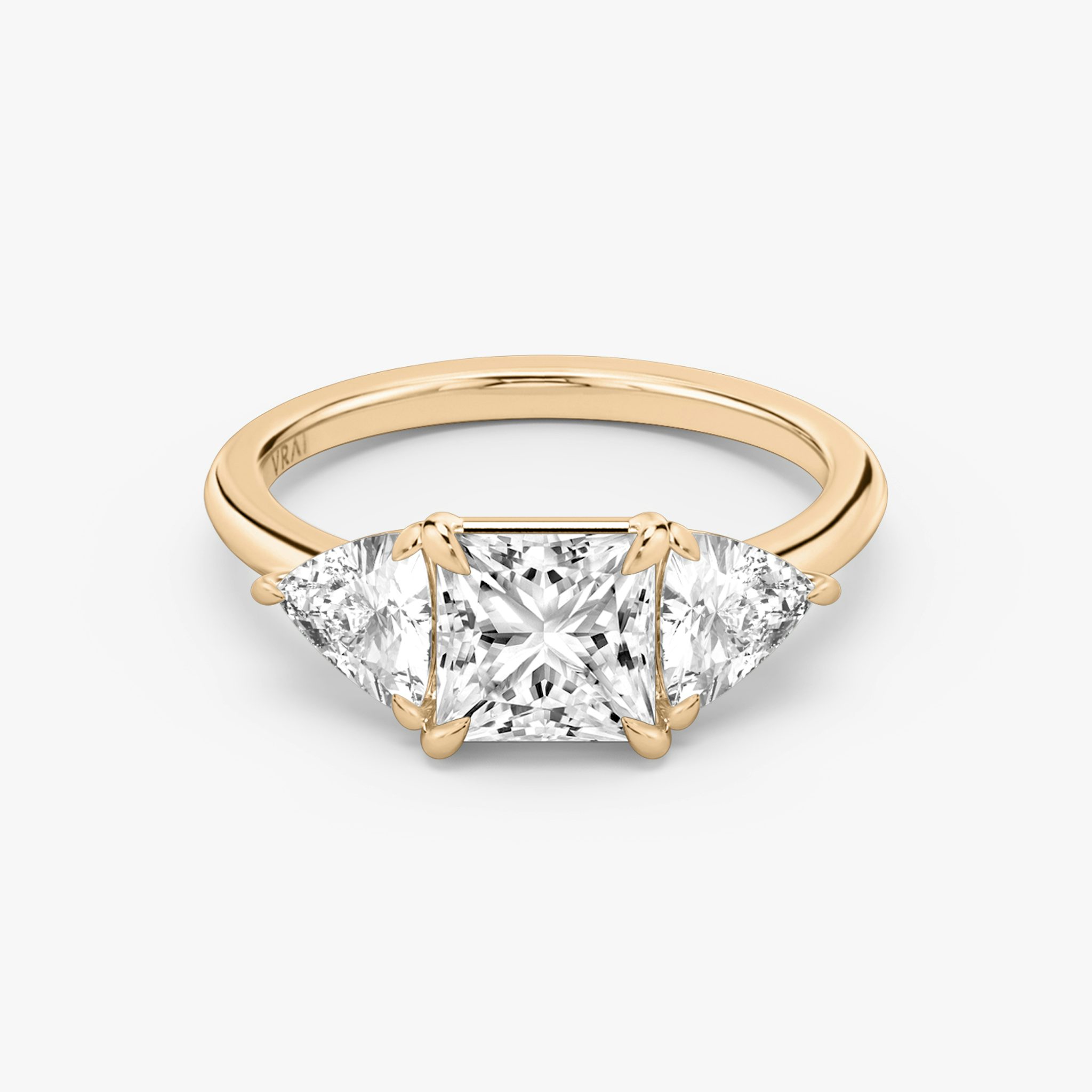 The Three Stone | Princess | 14k | Rose Gold | bandAccent: Plain | sideStoneCarat: 0.50ct | sideStoneShape: Trillion | diamondOrientation: vertical | caratWeight: other