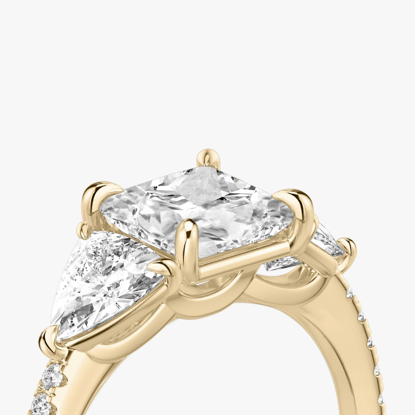 The Three Stone | Princess | 14k | Rose Gold | bandAccent: Pavé | sideStoneCarat: 0.50ct | sideStoneShape: Trillion | diamondOrientation: vertical | caratWeight: other
