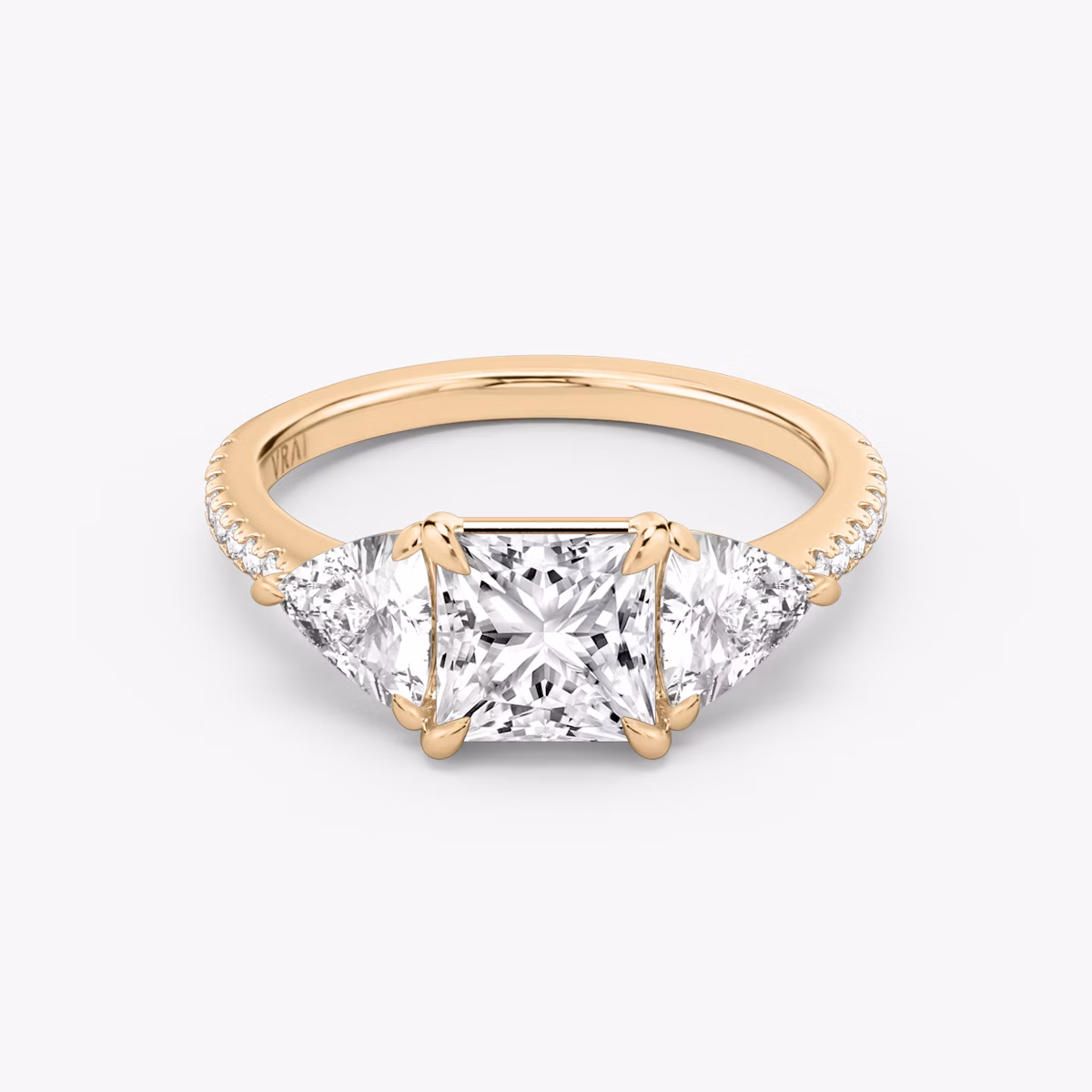The Three Stone | Princess | 14k | Rose Gold | bandAccent: Pavé | sideStoneCarat: 0.50ct | sideStoneShape: Trillion | diamondOrientation: vertical | caratWeight: other