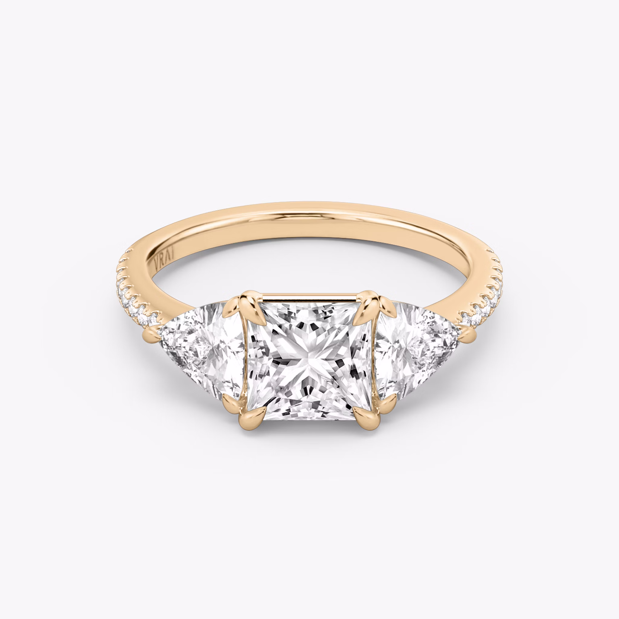 The Three Stone | Princess | 14k | Rose Gold | bandAccent: Pavé | sideStoneCarat: 0.50ct | sideStoneShape: Trillion | diamondOrientation: vertical | caratWeight: other