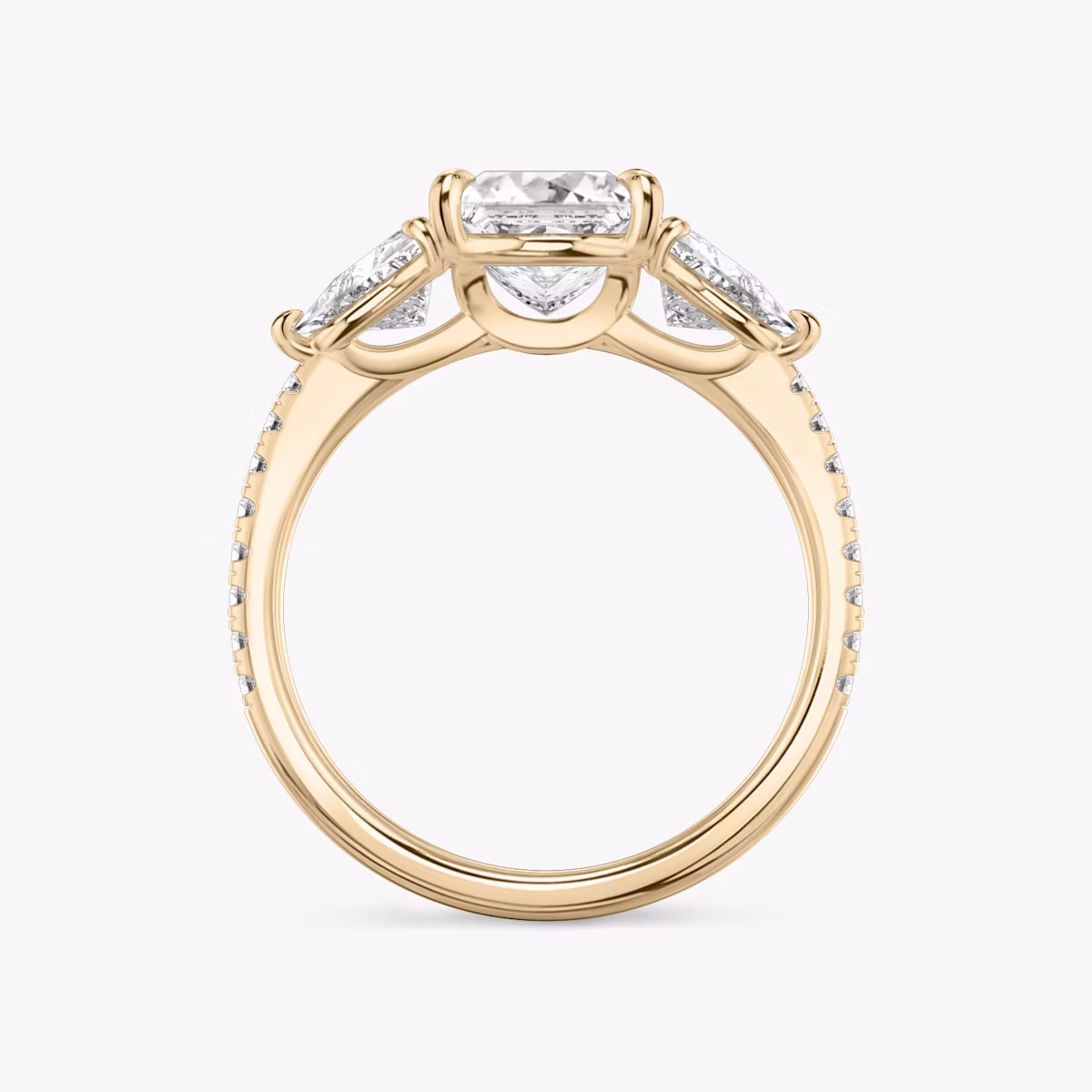 The Three Stone | Princess | 14k | Rose Gold | bandAccent: Pavé | sideStoneCarat: 0.50ct | sideStoneShape: Trillion | diamondOrientation: vertical | caratWeight: other