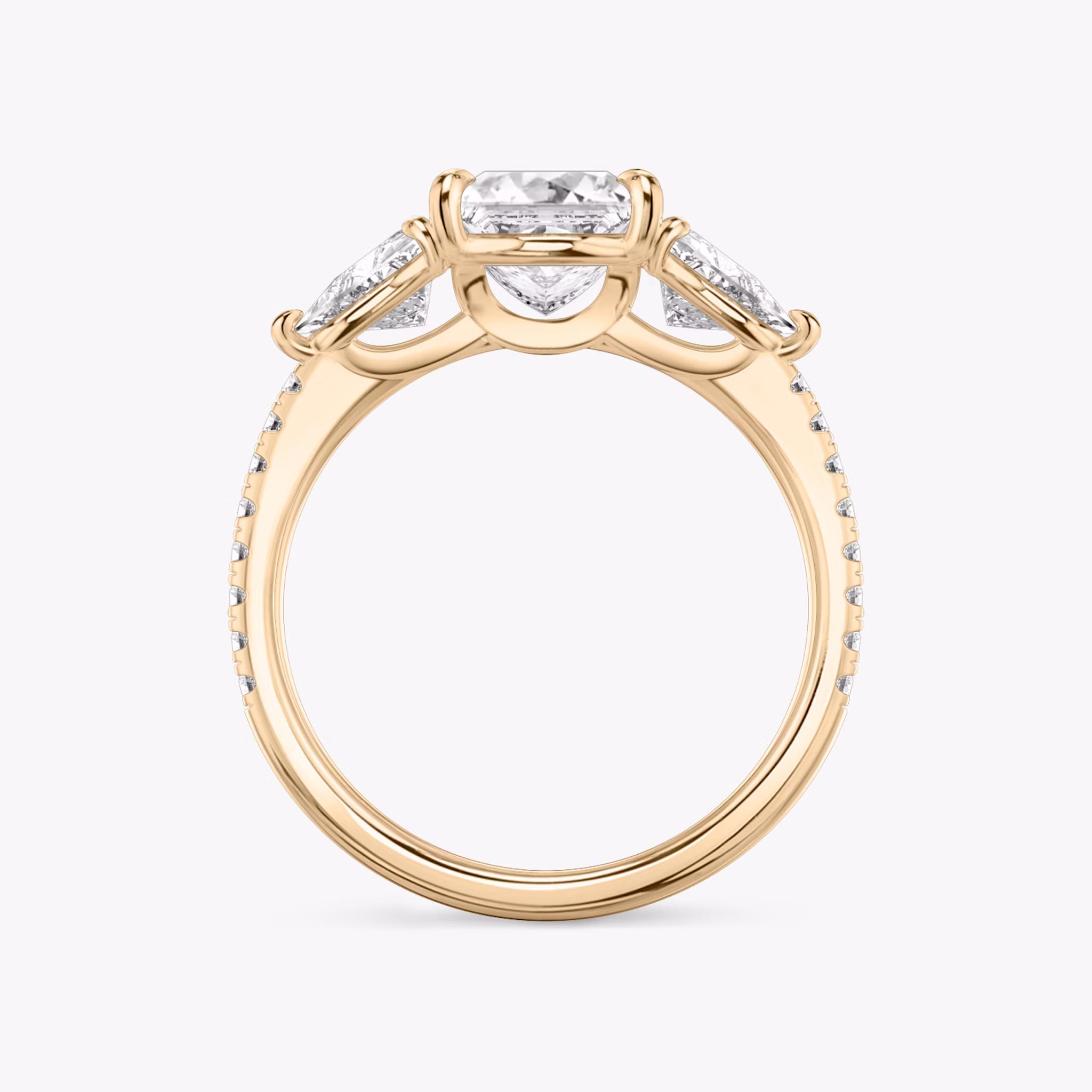 The Three Stone | Princess | 14k | Rose Gold | bandAccent: Pavé | sideStoneCarat: 0.50ct | sideStoneShape: Trillion | diamondOrientation: vertical | caratWeight: other
