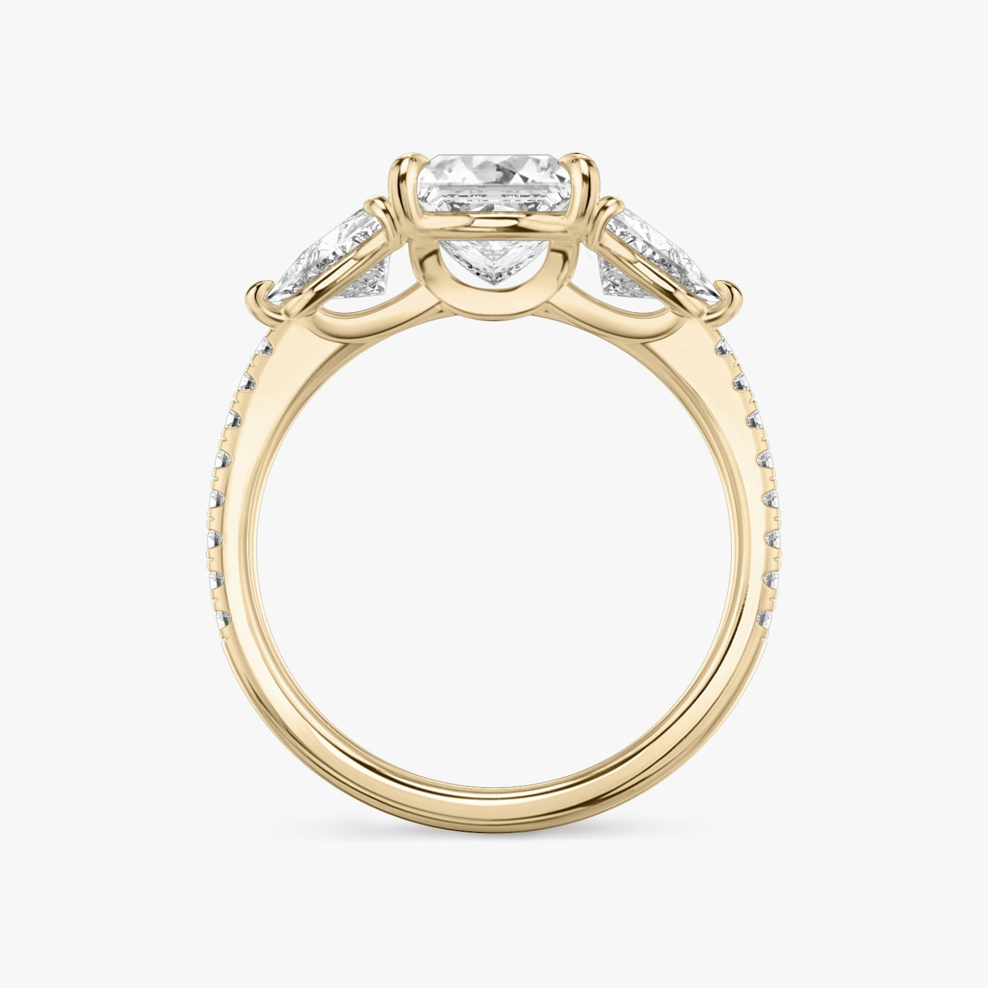 The Three Stone | Princess | 14k | Rose Gold | bandAccent: Pavé | sideStoneCarat: 0.50ct | sideStoneShape: Trillion | diamondOrientation: vertical | caratWeight: other