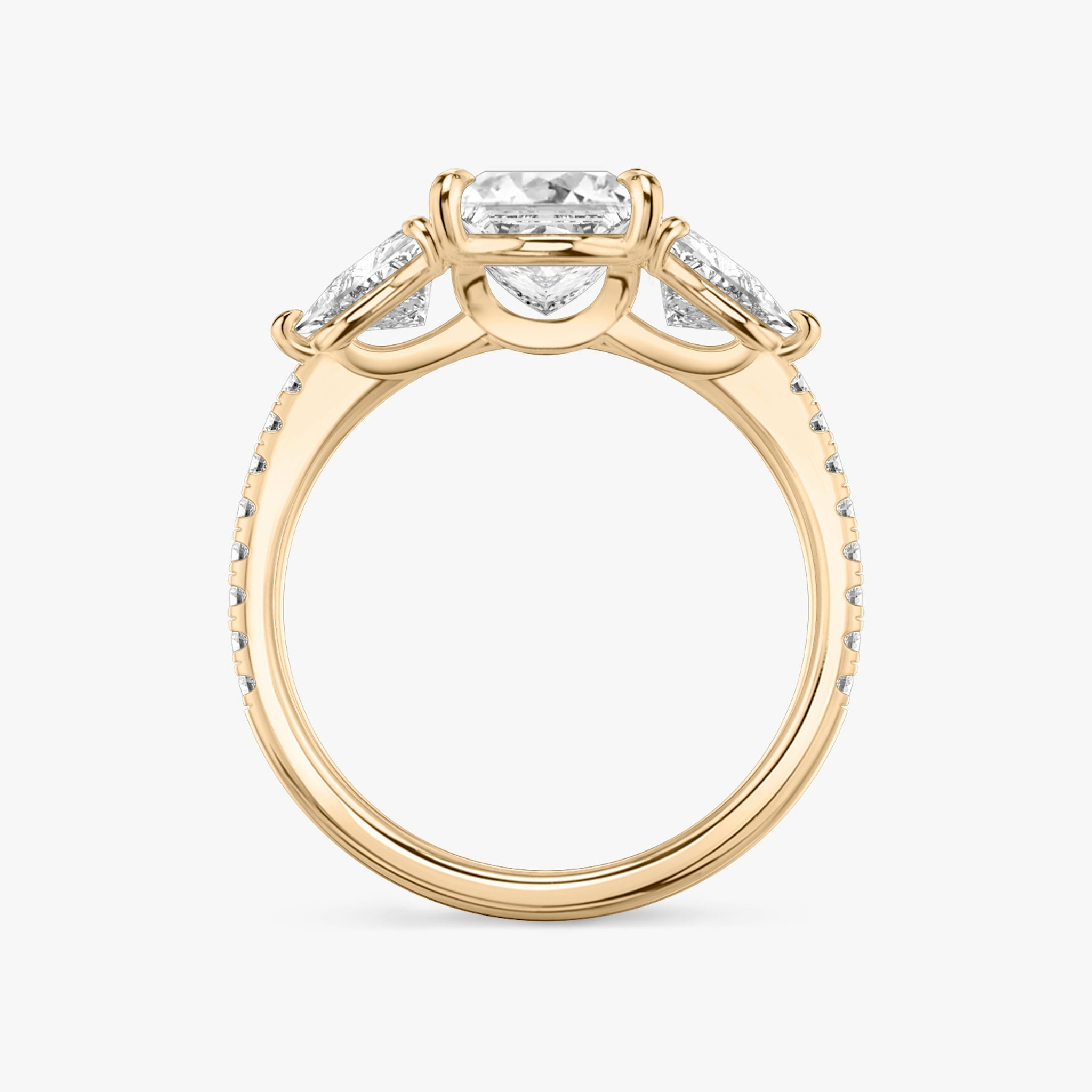 The Three Stone | Princess | 14k | Rose Gold | bandAccent: Pavé | sideStoneCarat: 0.50ct | sideStoneShape: Trillion | diamondOrientation: vertical | caratWeight: other
