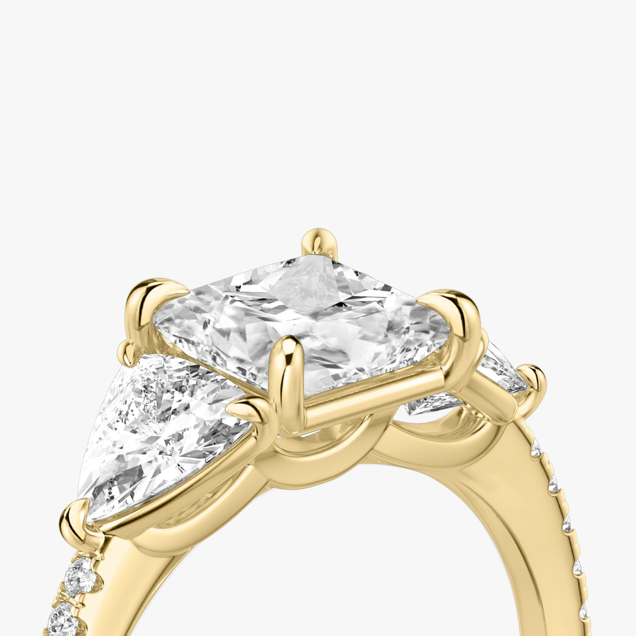 The Three Stone | Princess | 18k | Yellow Gold | bandAccent: Pavé | sideStoneCarat: 0.50ct | sideStoneShape: Trillion | diamondOrientation: vertical | caratWeight: other