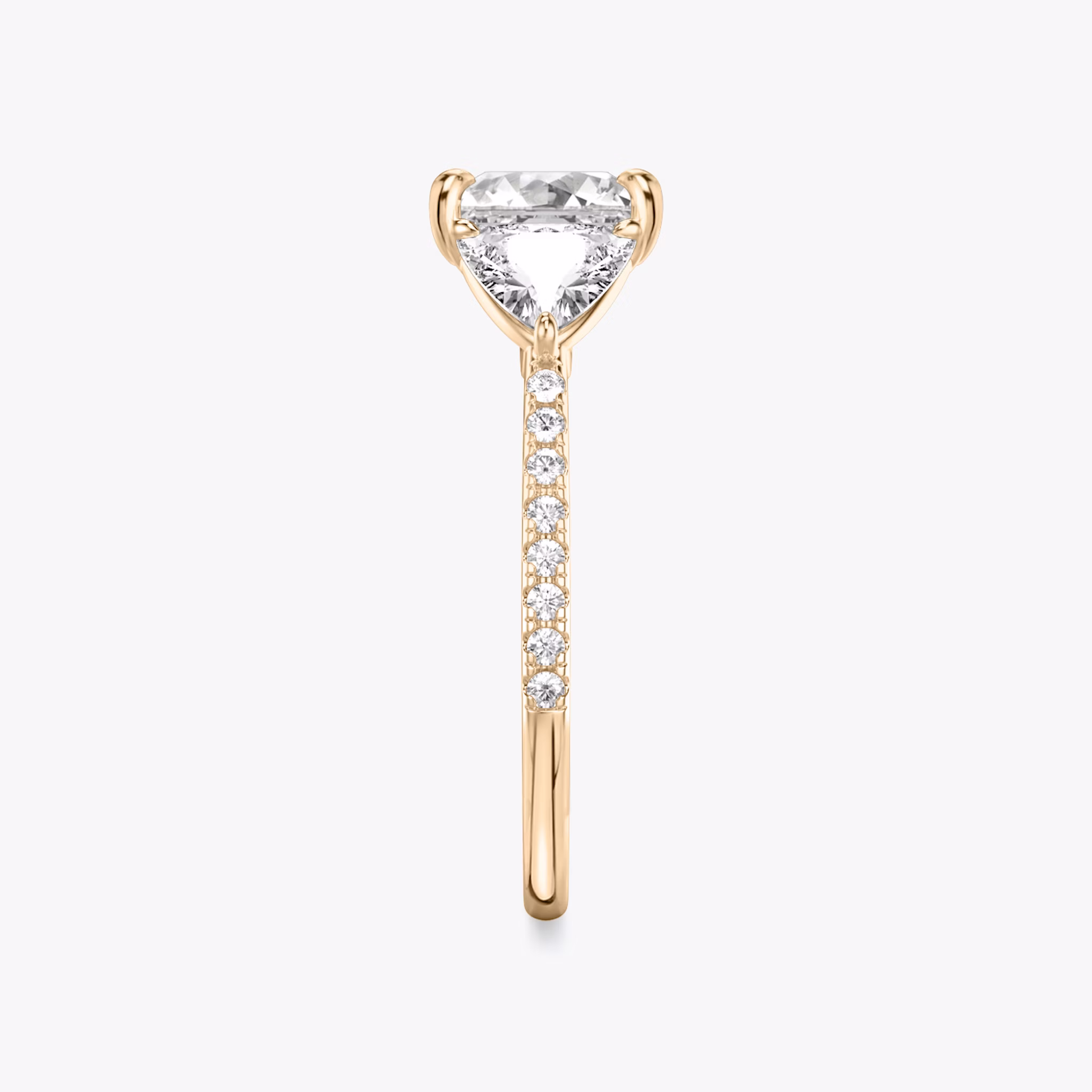 The Three Stone | Princess | 14k | Rose Gold | bandAccent: Pavé | sideStoneCarat: 0.50ct | sideStoneShape: Trillion | diamondOrientation: vertical | caratWeight: other