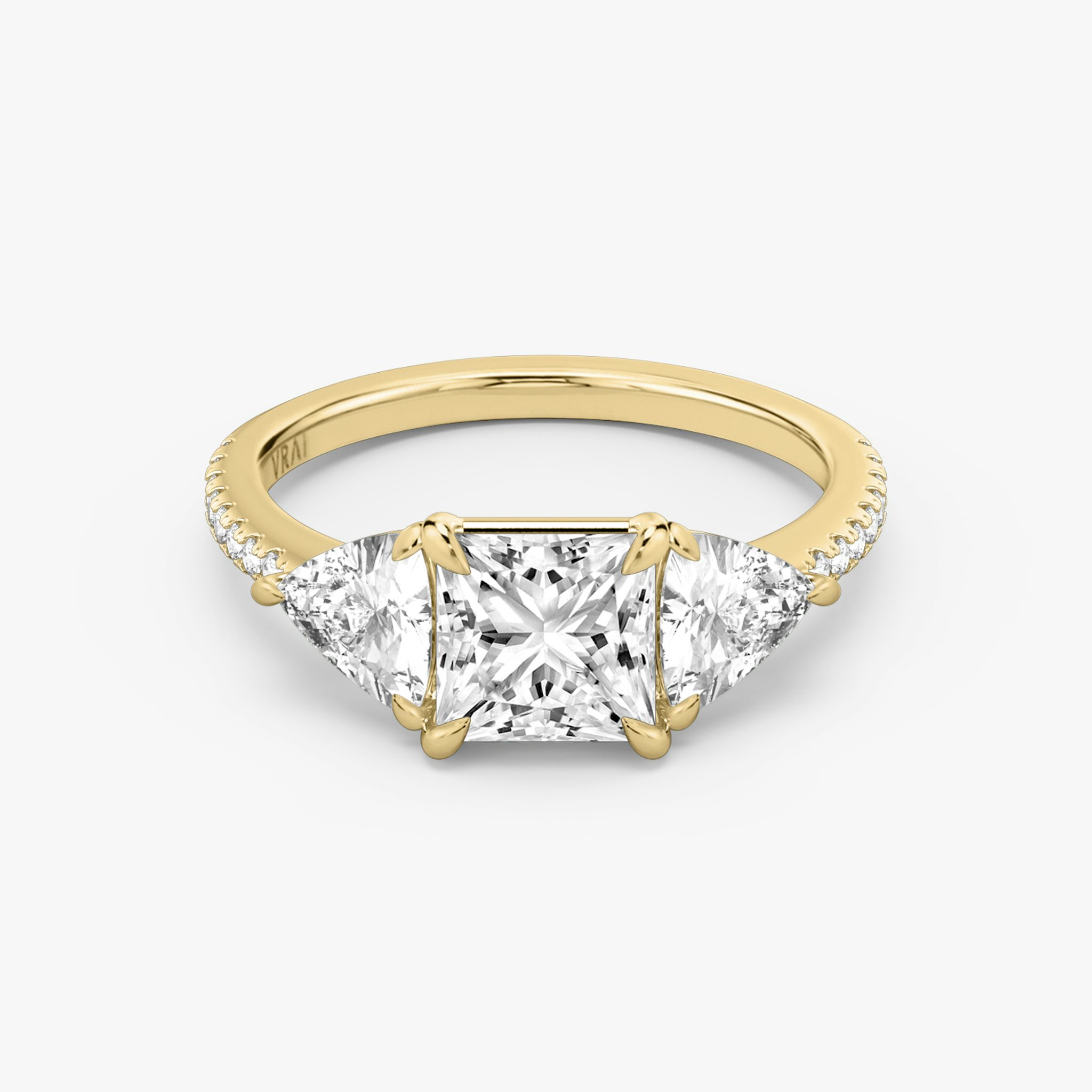The Three Stone | Princess | 18k | Yellow Gold | bandAccent: Pavé | sideStoneCarat: 0.50ct | sideStoneShape: Trillion | diamondOrientation: vertical | caratWeight: other