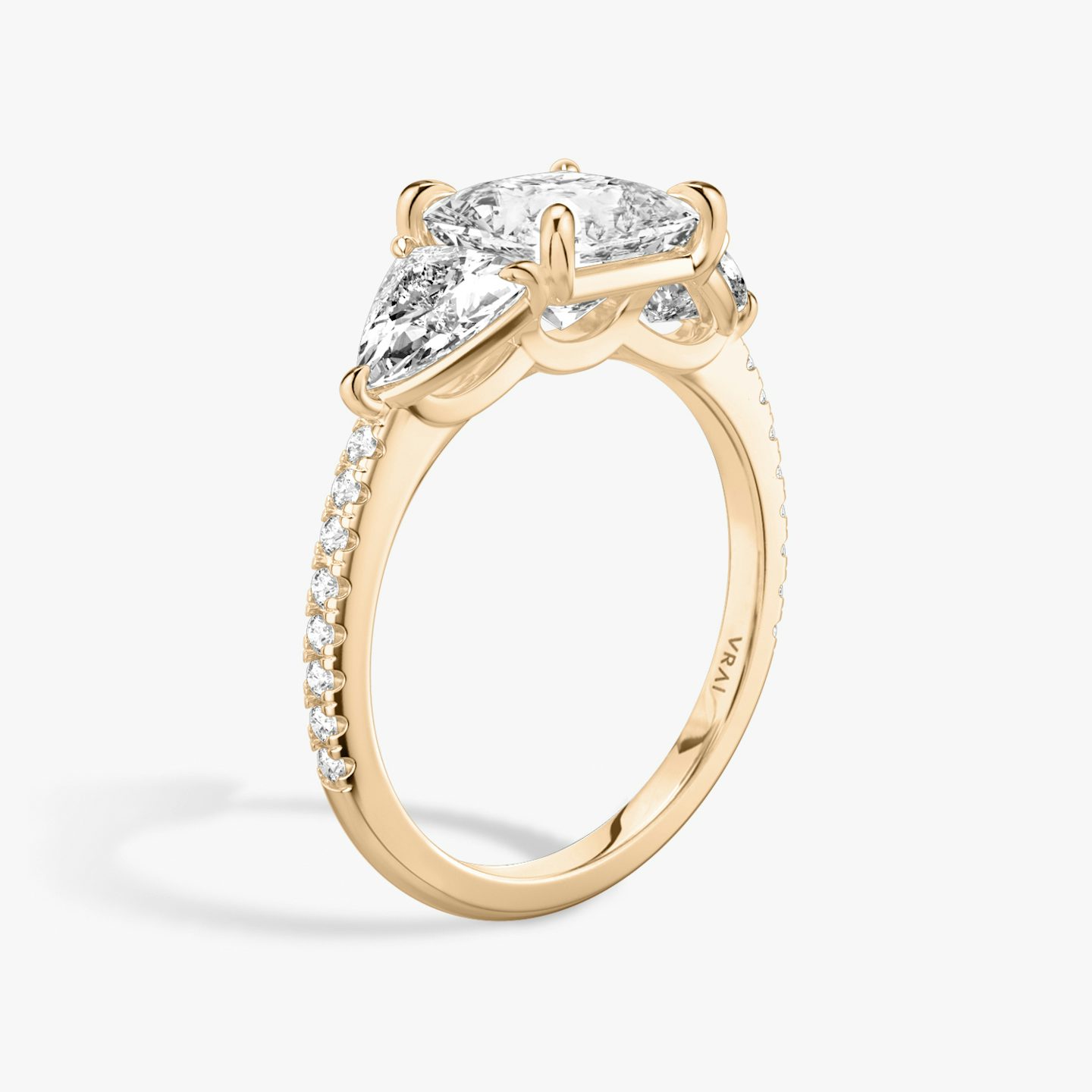 The Three Stone | Princess | 14k | Rose Gold | bandAccent: Pavé | sideStoneCarat: 0.50ct | sideStoneShape: Trillion | diamondOrientation: vertical | caratWeight: other